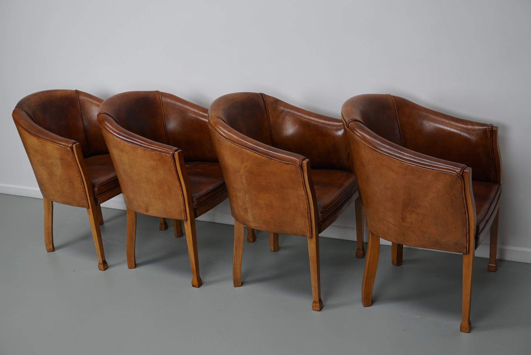 Art Deco Style Dutch Cognac Leather Club Chairs, Set of Four  For Sale 9