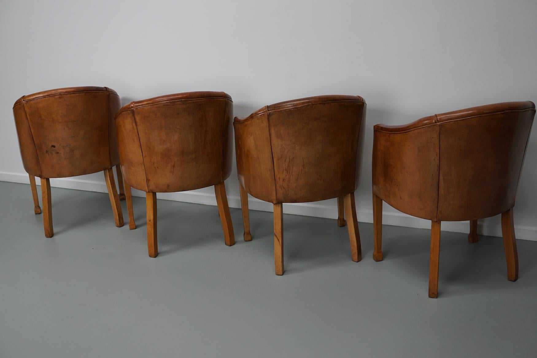 Art Deco Style Dutch Cognac Leather Club Chairs, Set of Four  For Sale 14