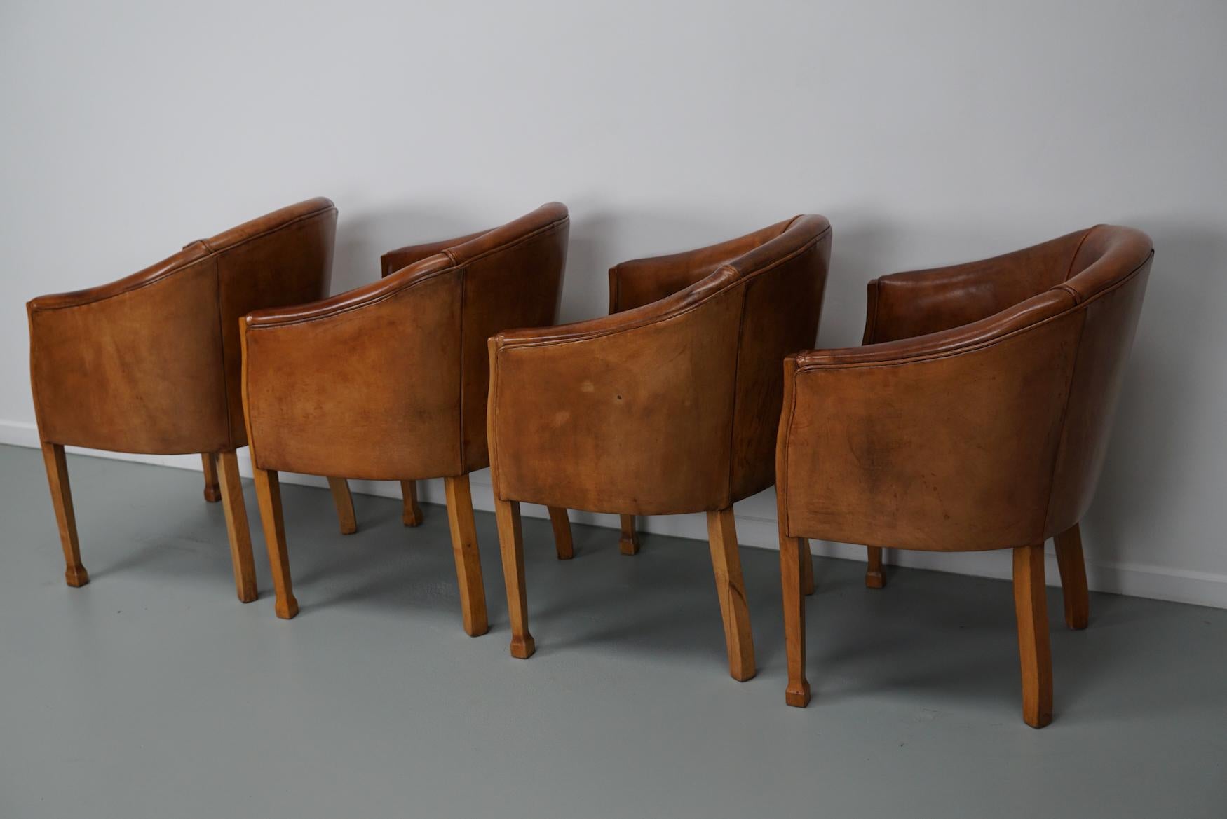 Art Deco Style Dutch Cognac Leather Club Chairs, Set of Four  For Sale 15