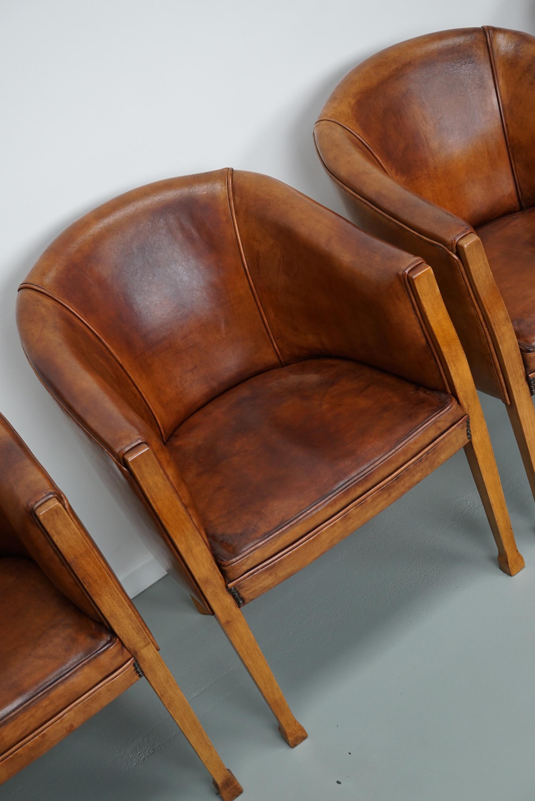 Late 20th Century Art Deco Style Dutch Cognac Leather Club Chairs, Set of Four  For Sale