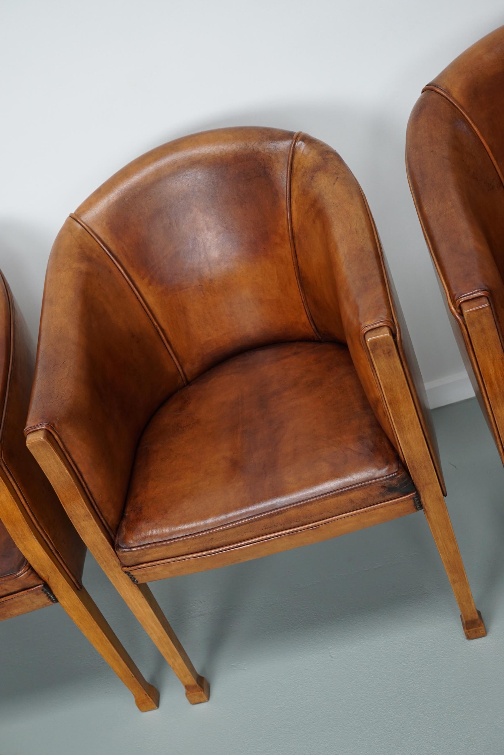 Art Deco Style Dutch Cognac Leather Club Chairs, Set of Four  For Sale 1