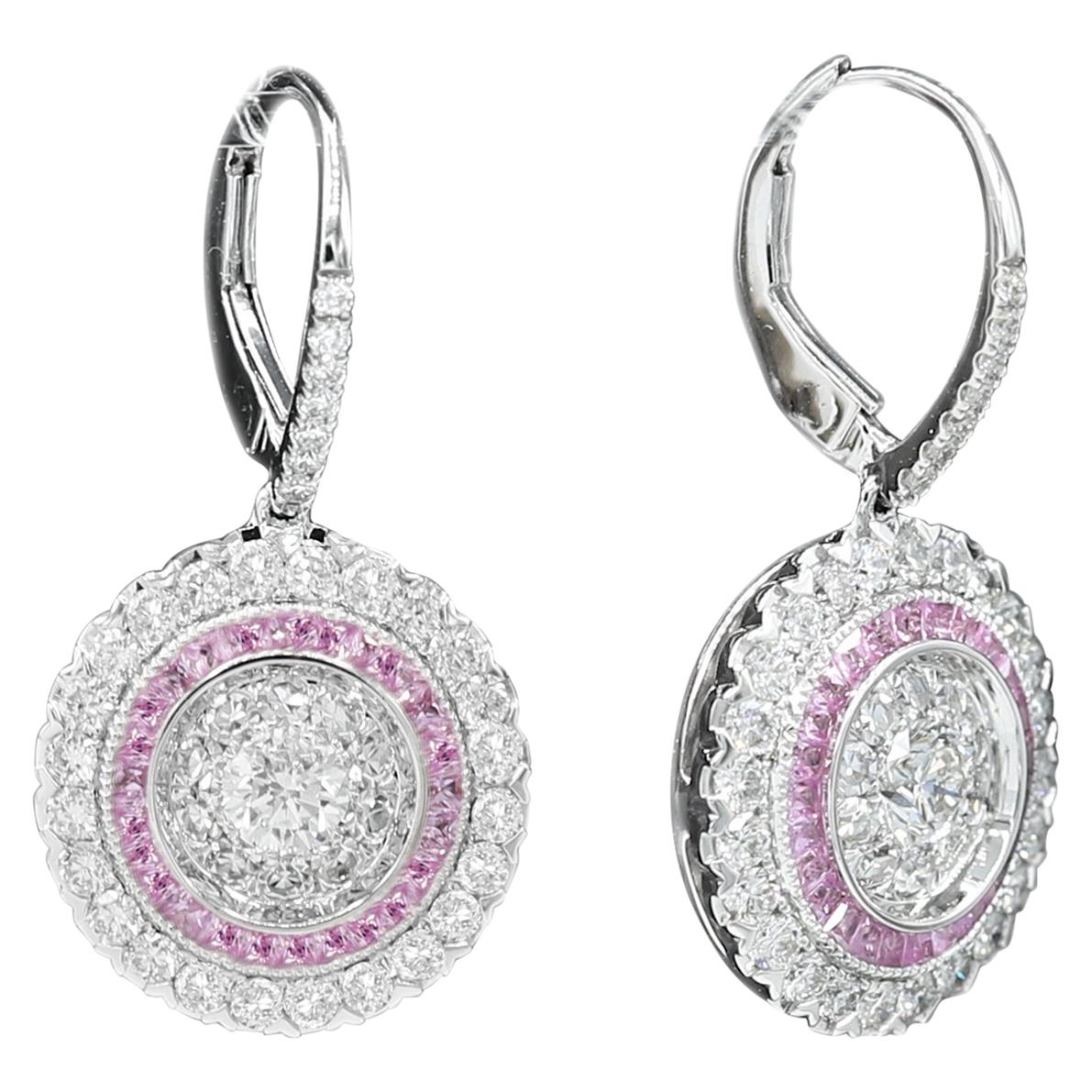 Art Deco Style Earring 18 Karat White Gold Diamonds and Pink Sapphire Earrings For Sale