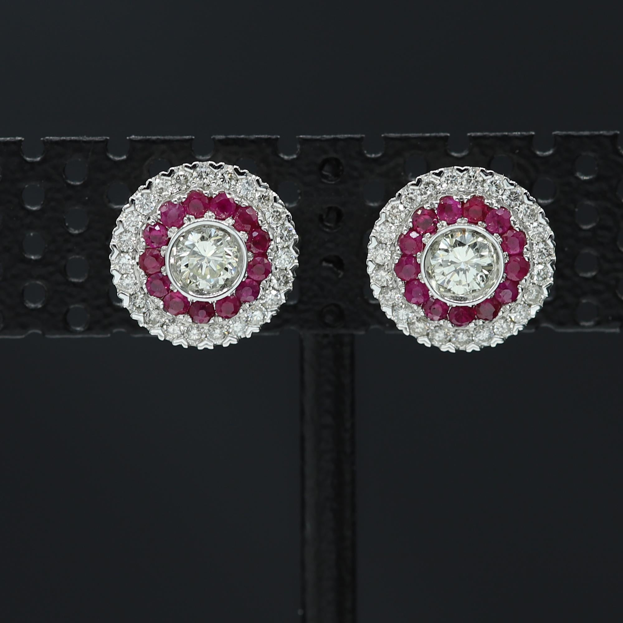 Round Cut Art Deco Style Earring 18 Karat White Gold Diamonds & Ruby Earrings Large Studs For Sale