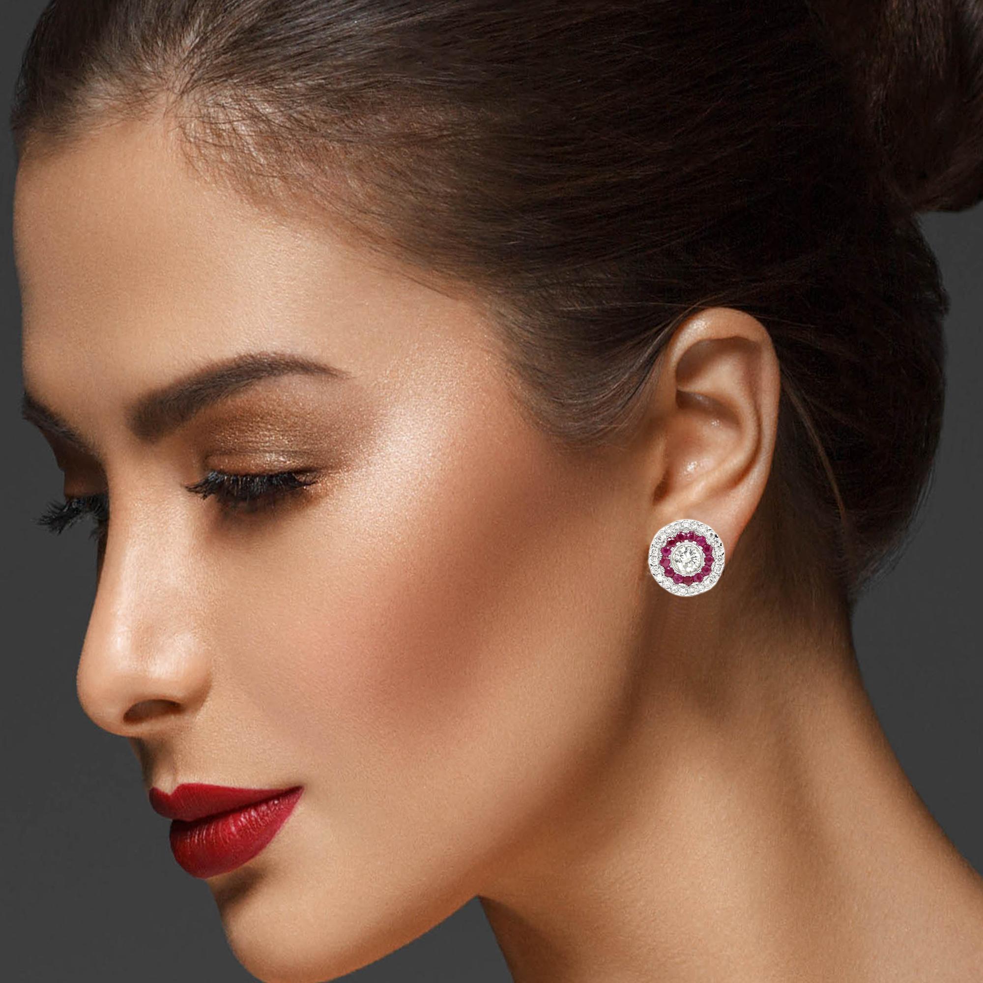 Art Deco Stil Ohrring 18 Karat Weißgold Diamanten & Rubin Ohrringe Große Ohrstecker im Angebot 1
