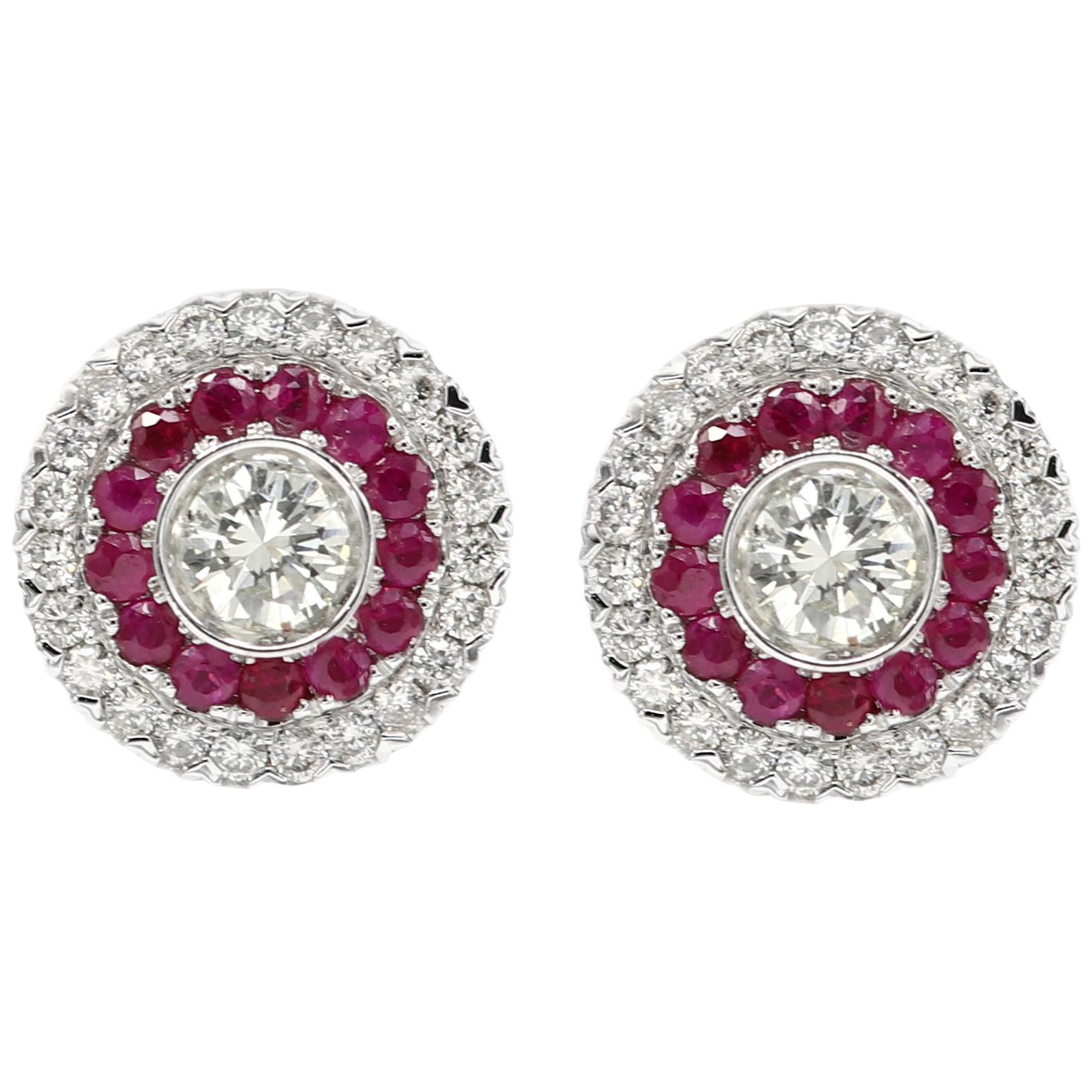Art Deco Style Earring 18 Karat White Gold Diamonds & Ruby Earrings Large Studs For Sale