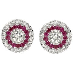 Art Deco Style Earring 18 Karat White Gold Diamonds & Ruby Earrings Large Studs