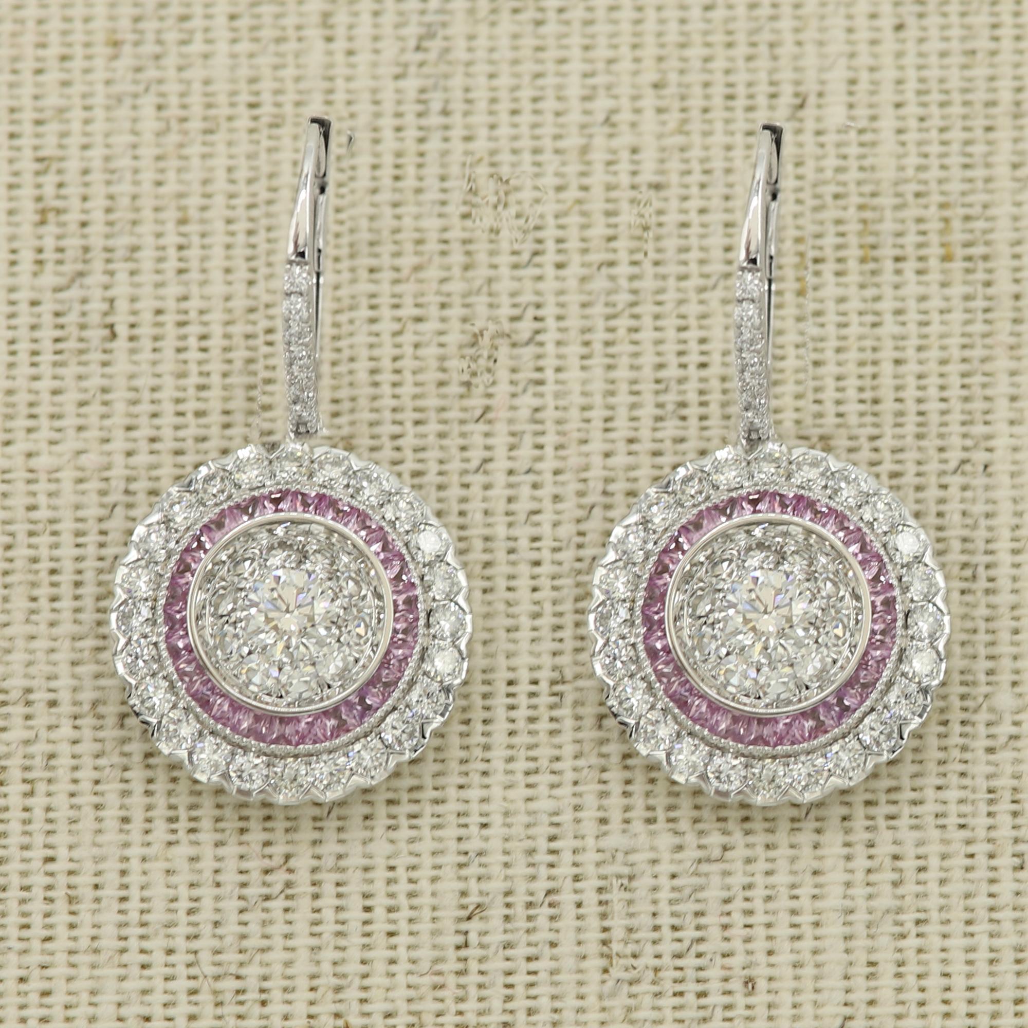 Round Cut Art Deco Style Earring 18 Karat White Gold Diamonds and Pink Sapphire Earrings For Sale