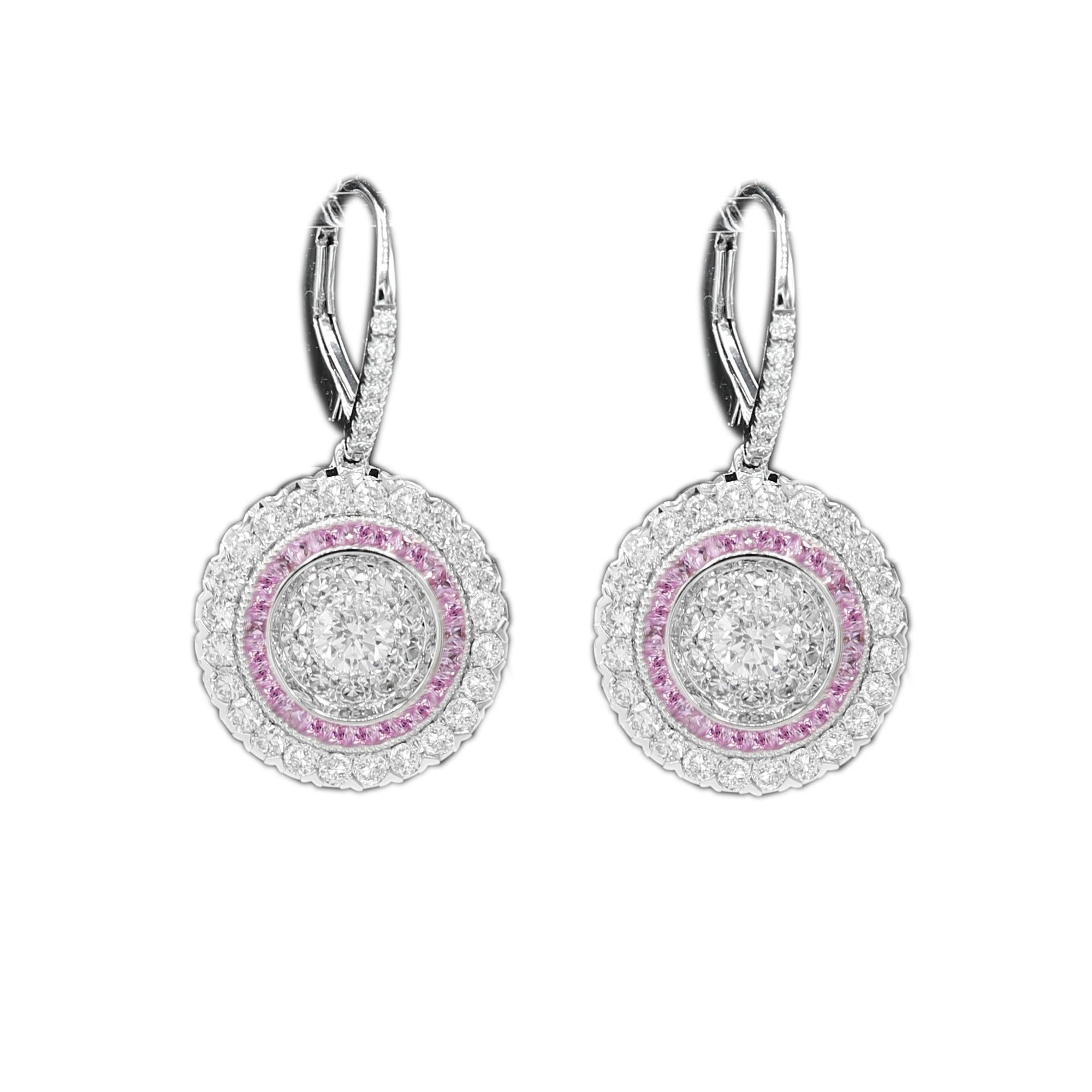 Art Deco Style Earring 18 Karat White Gold Diamonds and Pink Sapphire Earrings In New Condition For Sale In Brooklyn, NY