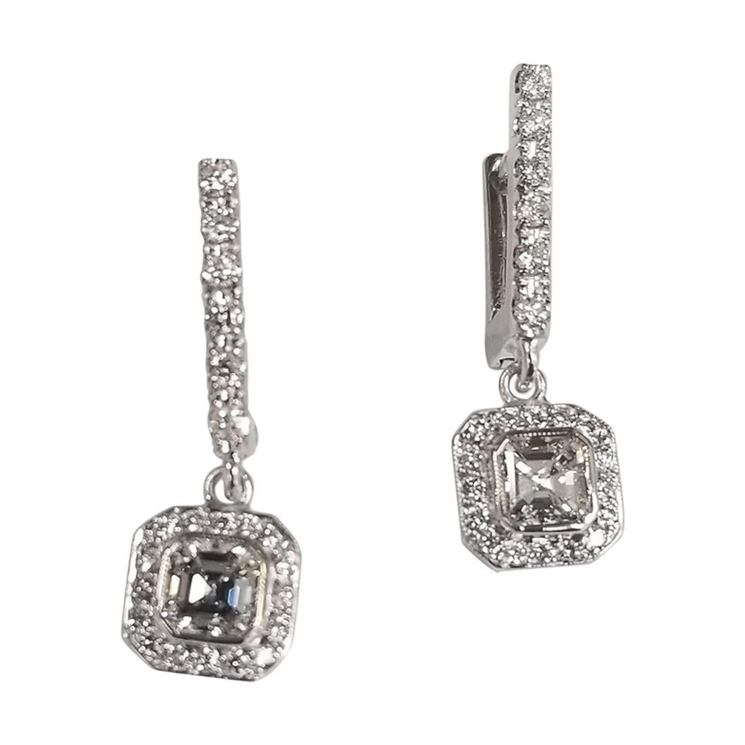 "Art Deco Style" Earrings 14k White Gold with 2 Assher Cut Diamonds in a Halo