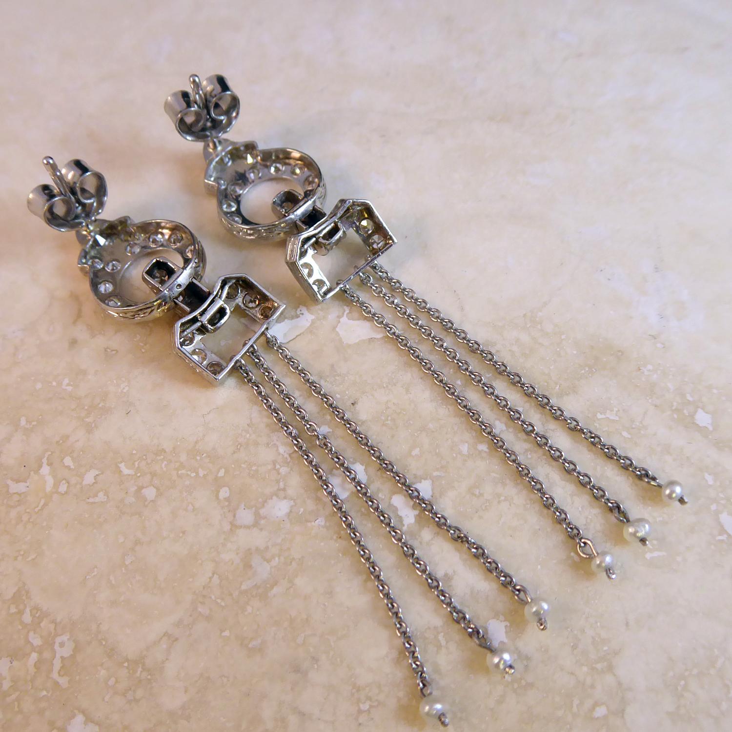 Old European Cut Art Deco Style Earrings Conversion, Diamond and Pearl Chandelier Drops, Platinum