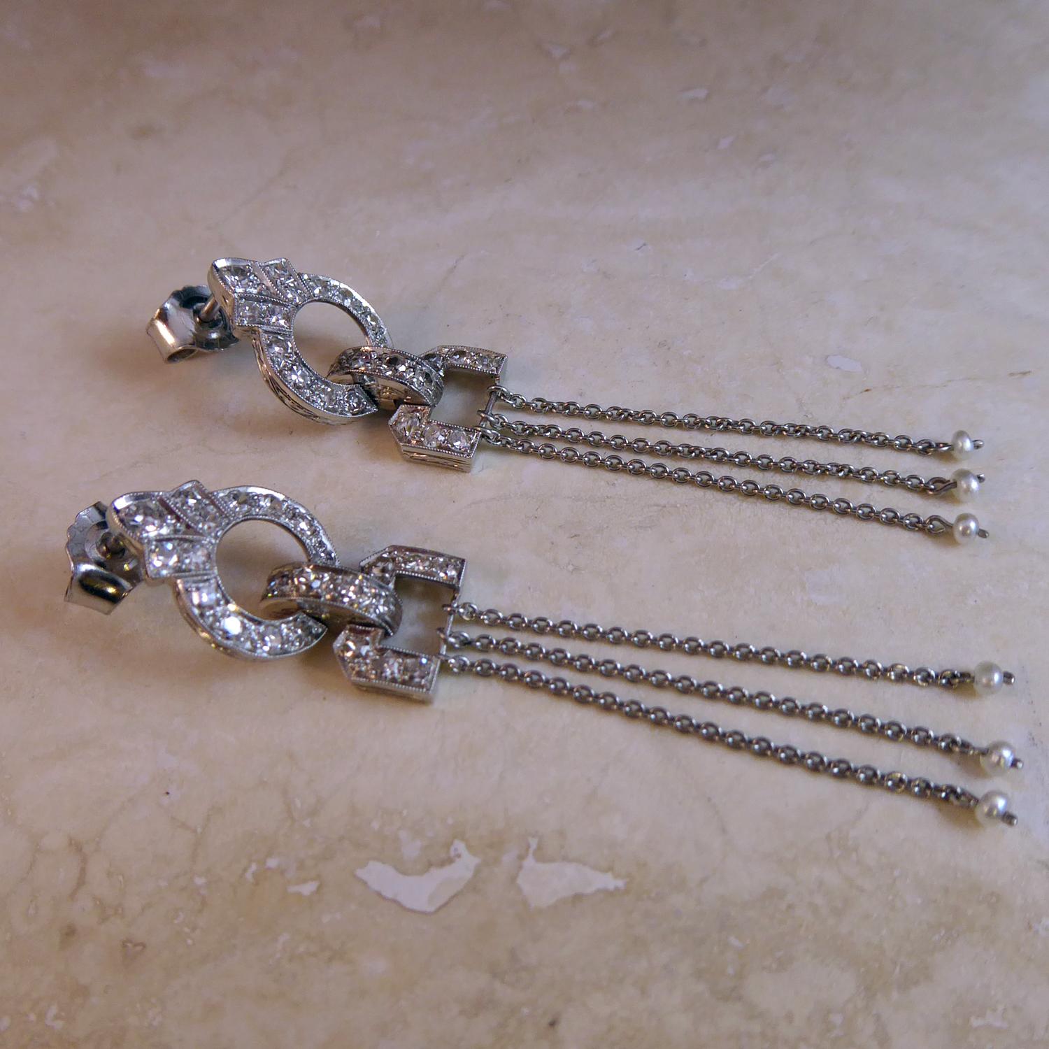 Art Deco Style Earrings Conversion, Diamond and Pearl Chandelier Drops, Platinum In Good Condition In Yorkshire, West Yorkshire