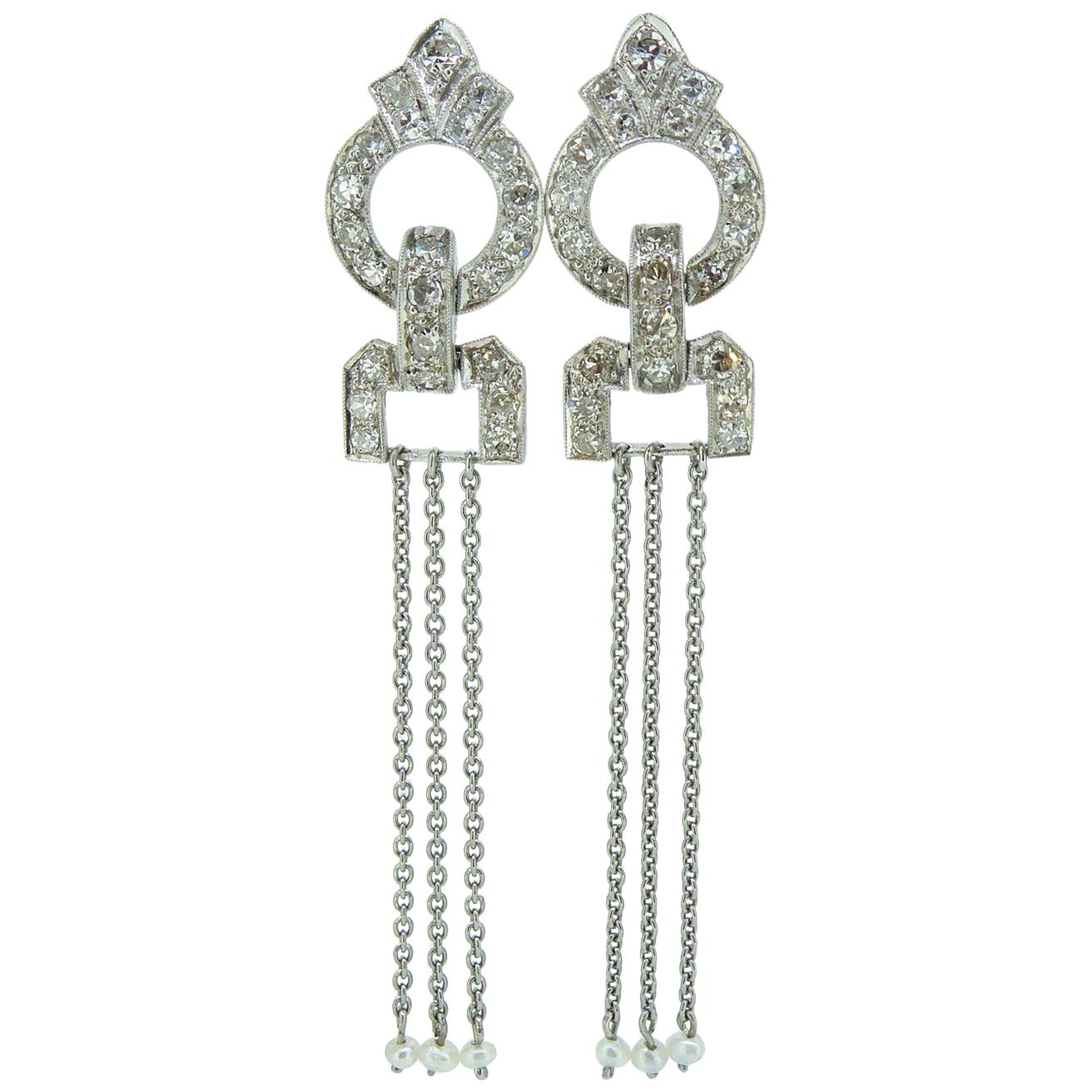 Art Deco Style Earrings Conversion, Diamond and Pearl Chandelier Drops, Platinum