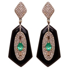 Boucles d'oreilles de style Art Déco en or 14kt, onyx noir, émeraude et diamants