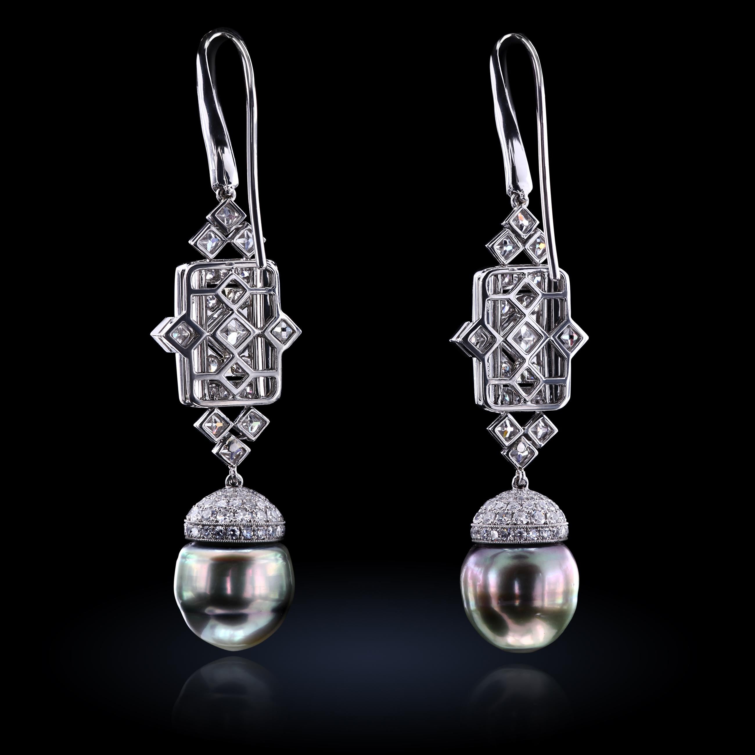 Contemporary Art Deco Style Earrings with Pearls, Round and French Cut Diamonds In Platinum