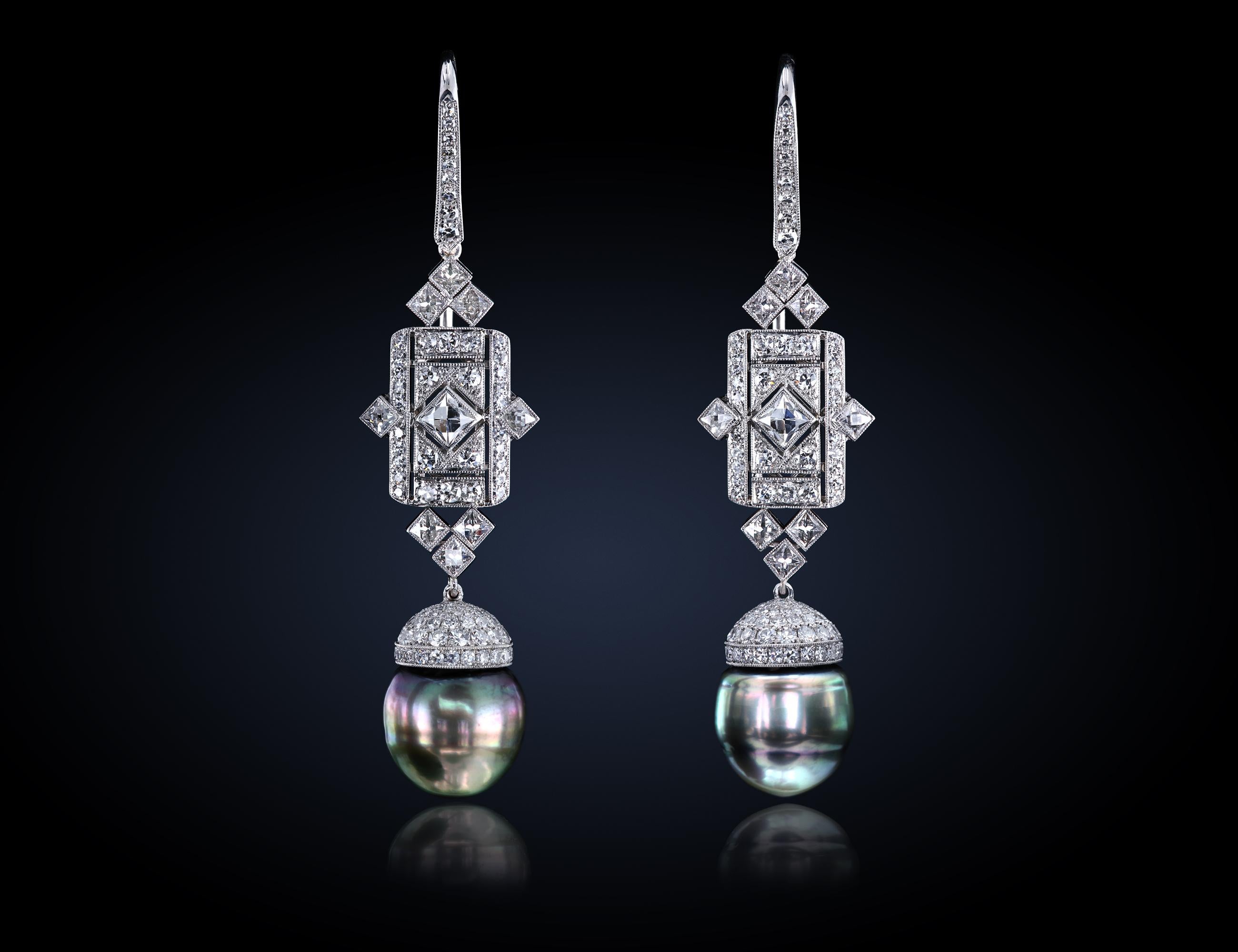 Art Deco Style Earrings with Pearls, Round and French Cut Diamonds In Platinum In New Condition In New York, NY
