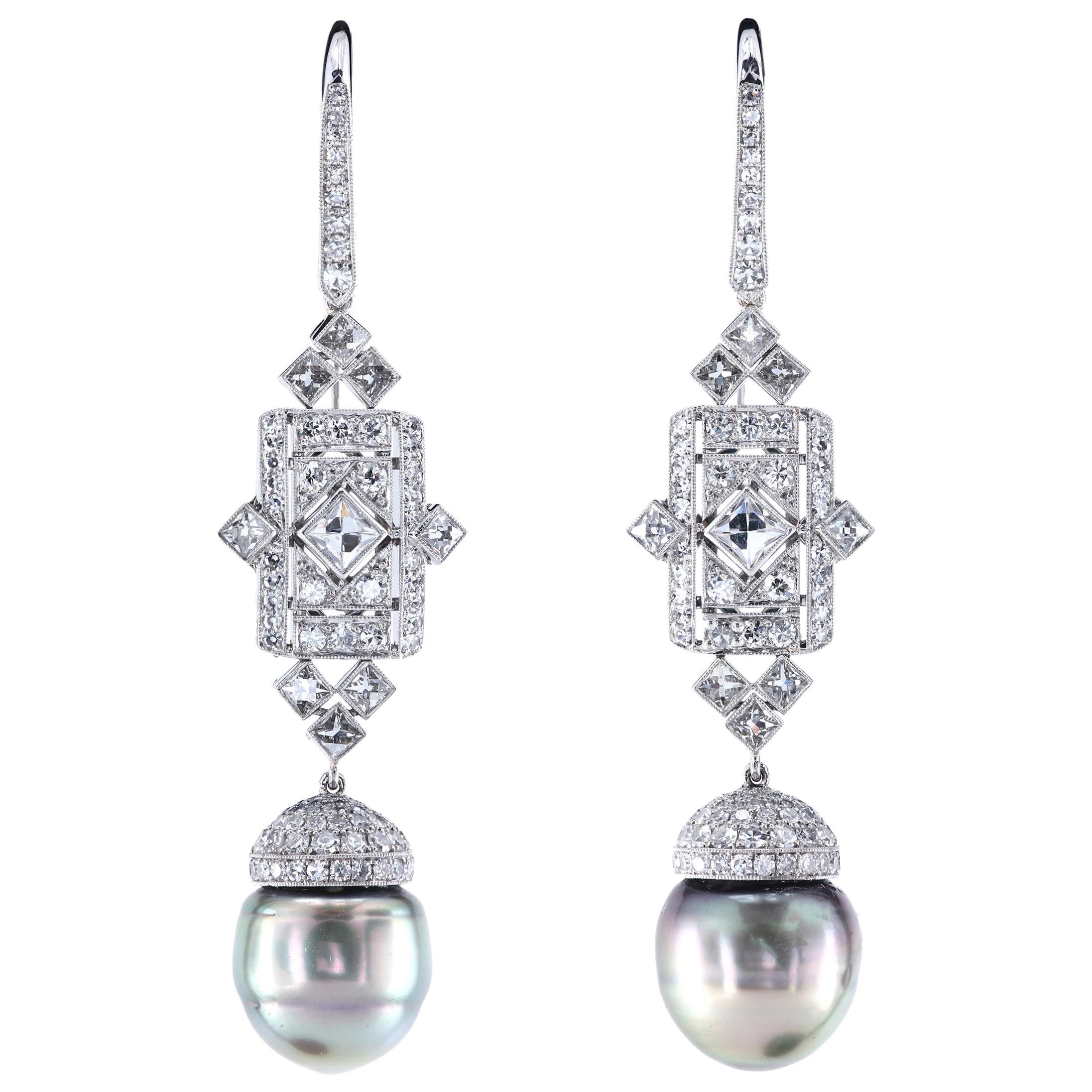 Art Deco Style Earrings with Pearls, Round and French Cut Diamonds In Platinum
