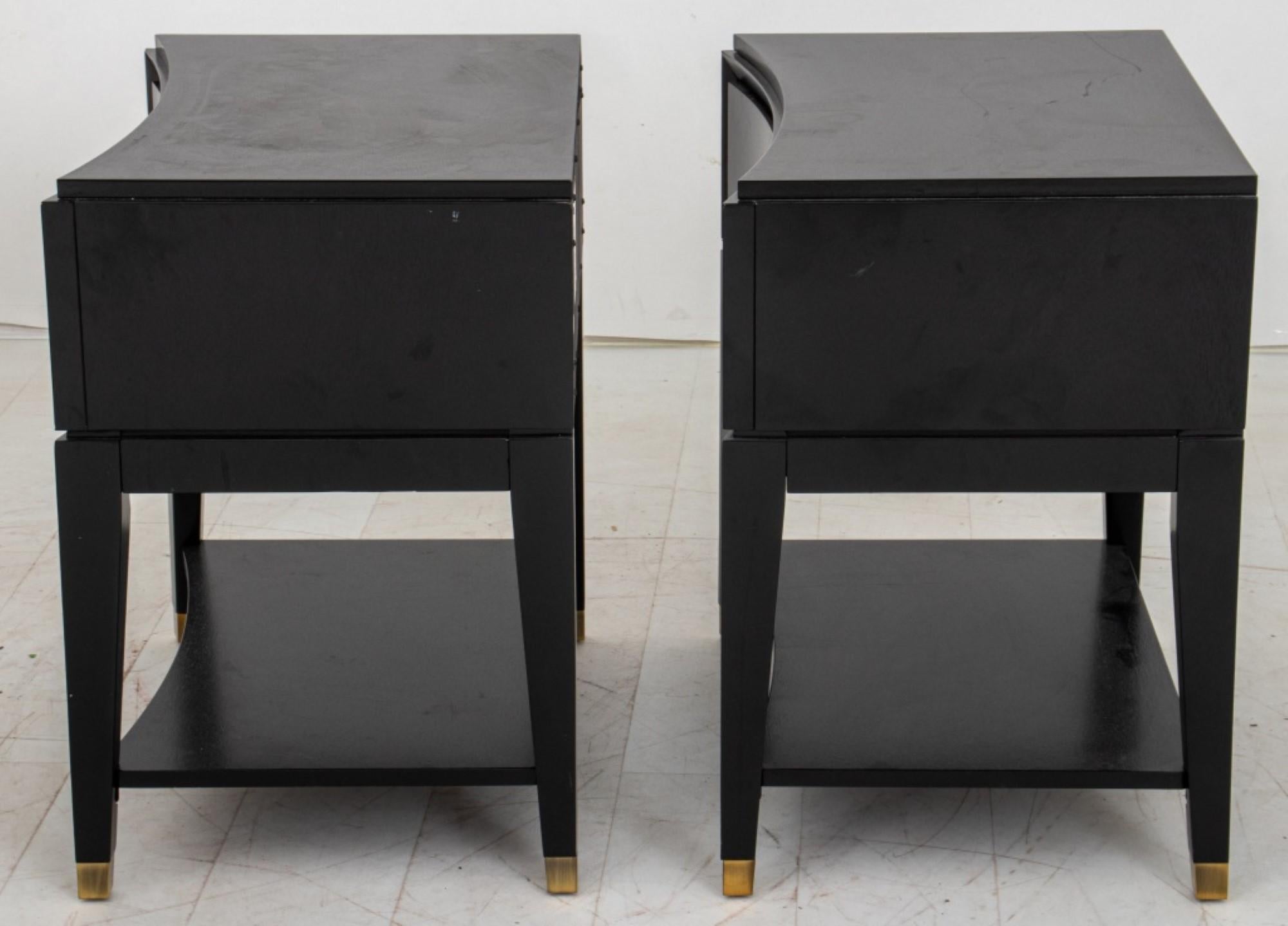 The dimensions for the pair of Art Deco Style Ebonized Lamp or End Tables, with shaped stepped tops above incurved fronts and a conforming undertier between tapering square legs.

Dealer: S138XX