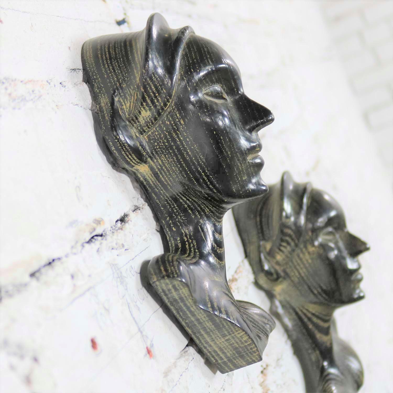 Art Deco Style Ebonized Oak Carved Female Bust Vintage Wall Sculptures, a Pair For Sale 6