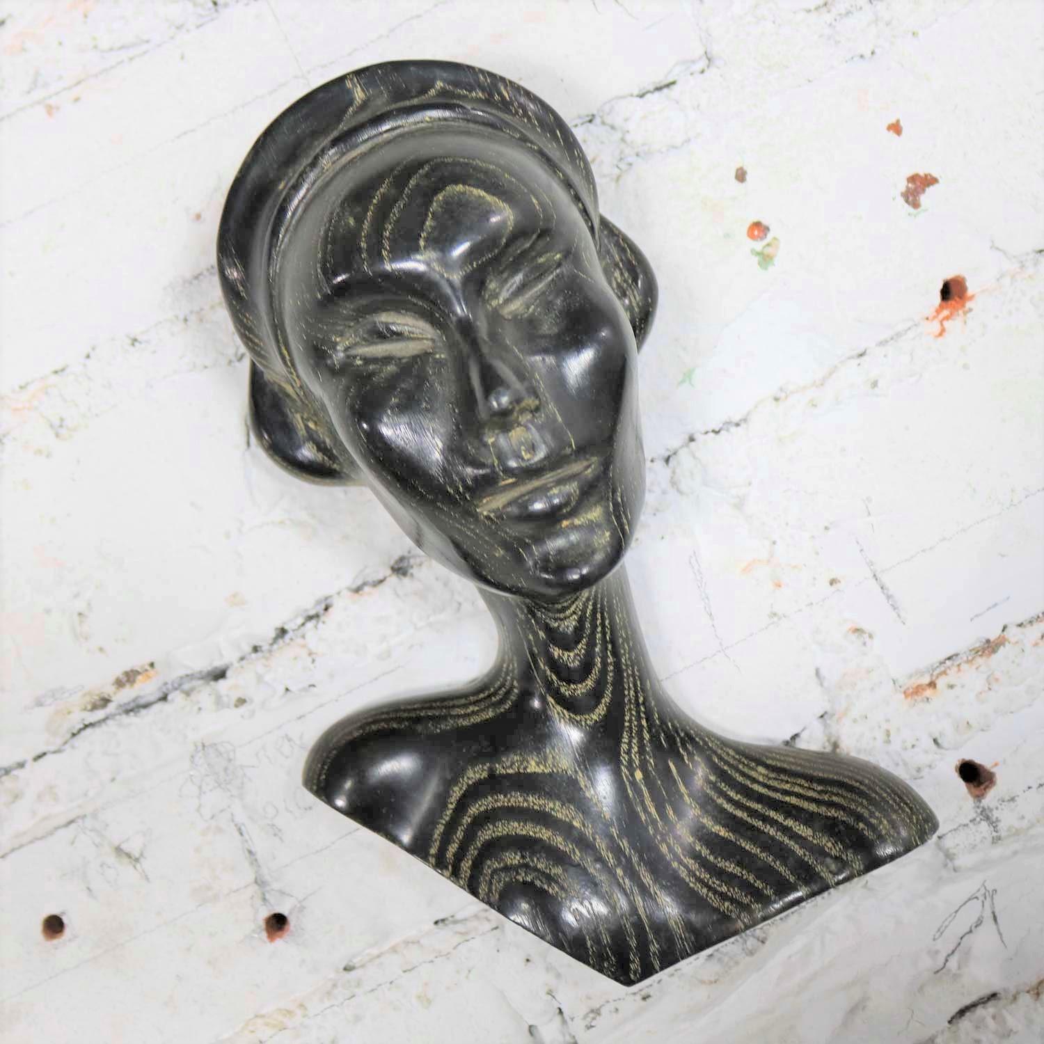 Art Deco Style Ebonized Oak Carved Female Bust Vintage Wall Sculptures, a Pair For Sale 7