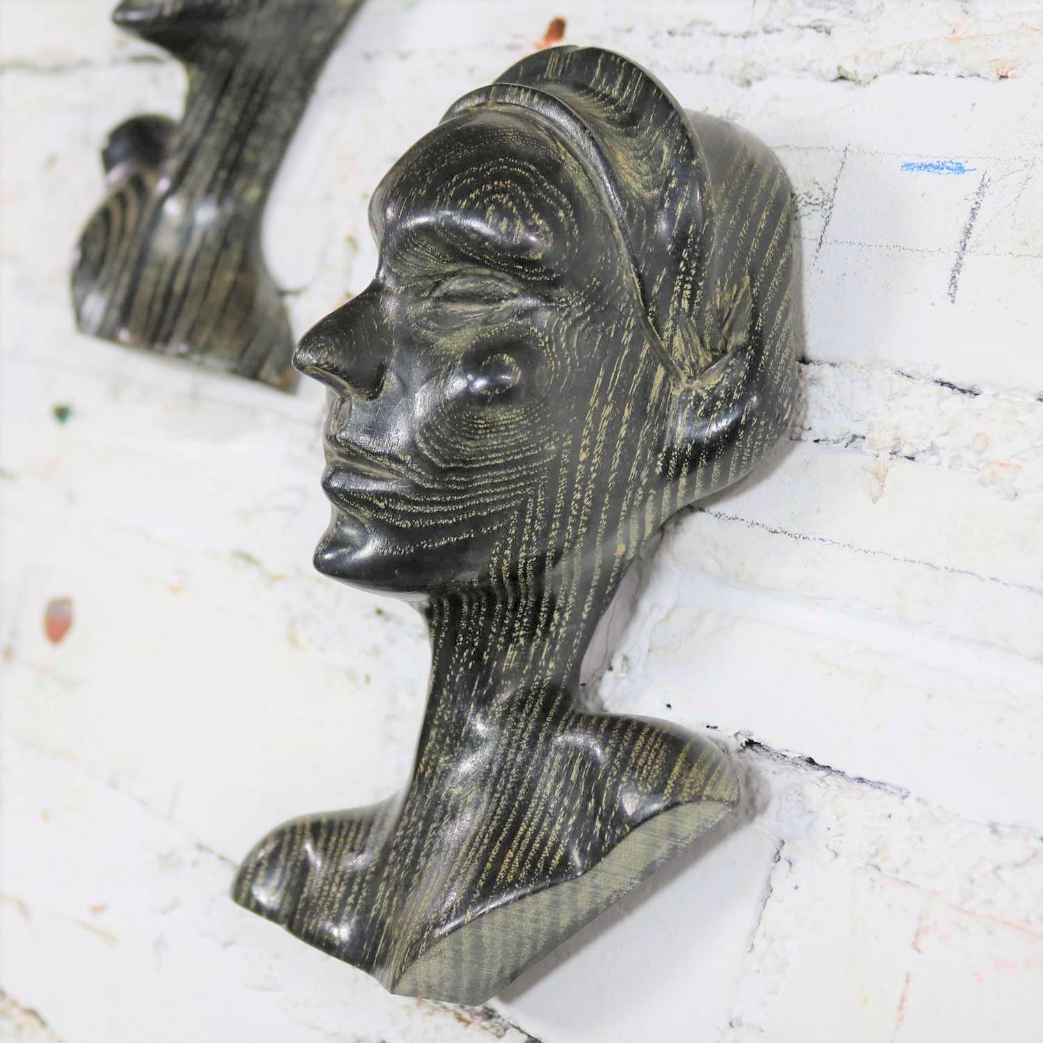 Art Deco Style Ebonized Oak Carved Female Bust Vintage Wall Sculptures, a Pair For Sale 8