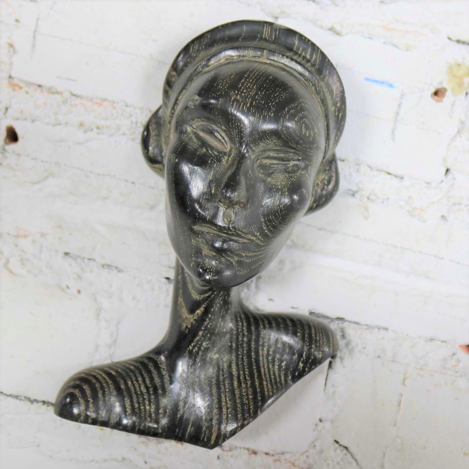 Art Deco Style Ebonized Oak Carved Female Bust Vintage Wall Sculptures, a Pair For Sale 9