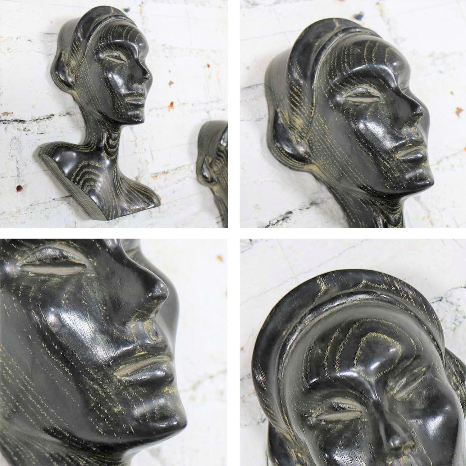 Art Deco Style Ebonized Oak Carved Female Bust Vintage Wall Sculptures, a Pair For Sale 12