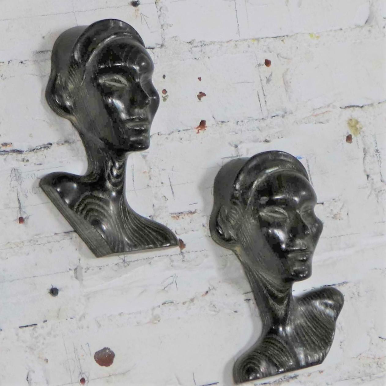 Art Deco Style Ebonized Oak Carved Female Bust Vintage Wall Sculptures, a Pair In Good Condition For Sale In Topeka, KS