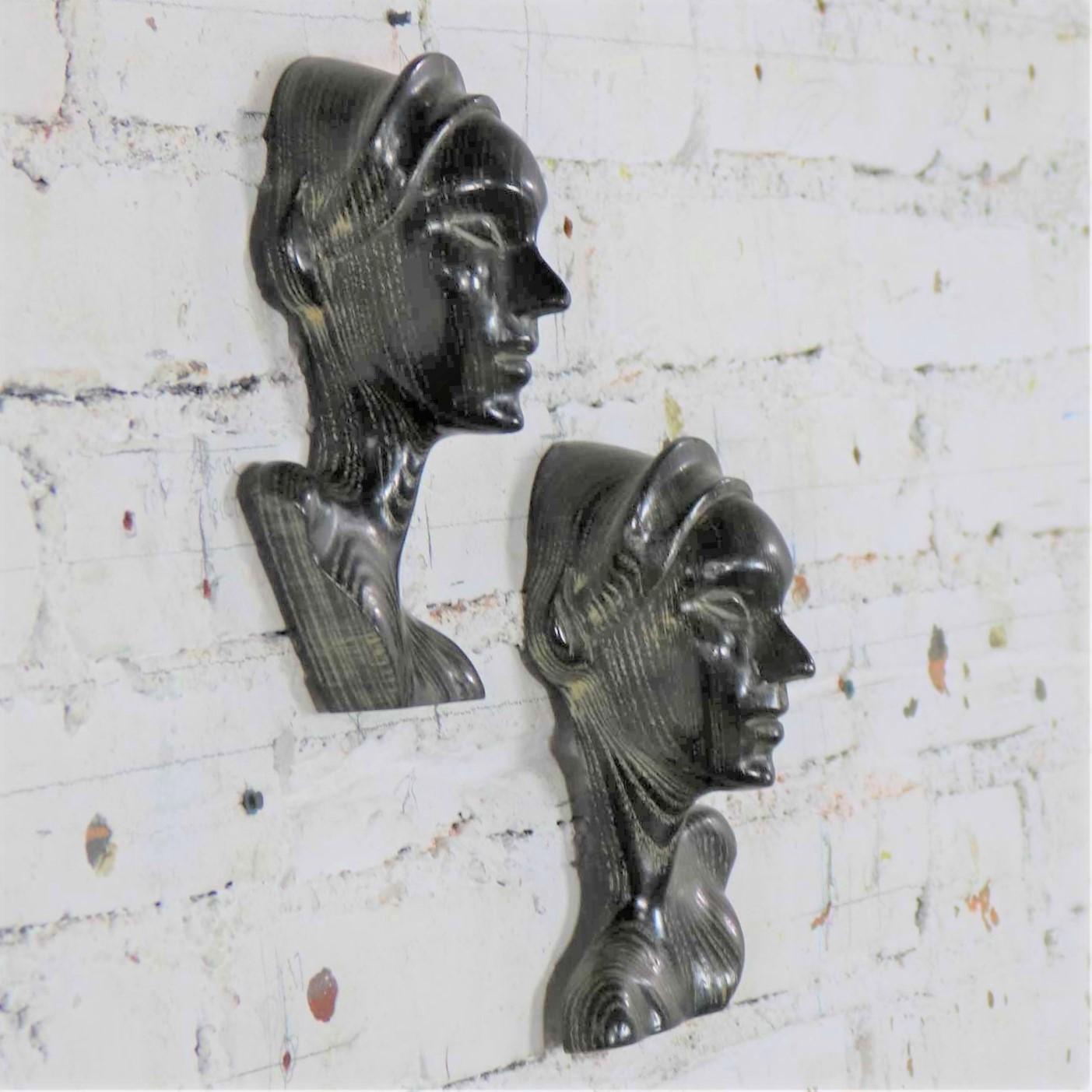 20th Century Art Deco Style Ebonized Oak Carved Female Bust Vintage Wall Sculptures, a Pair For Sale