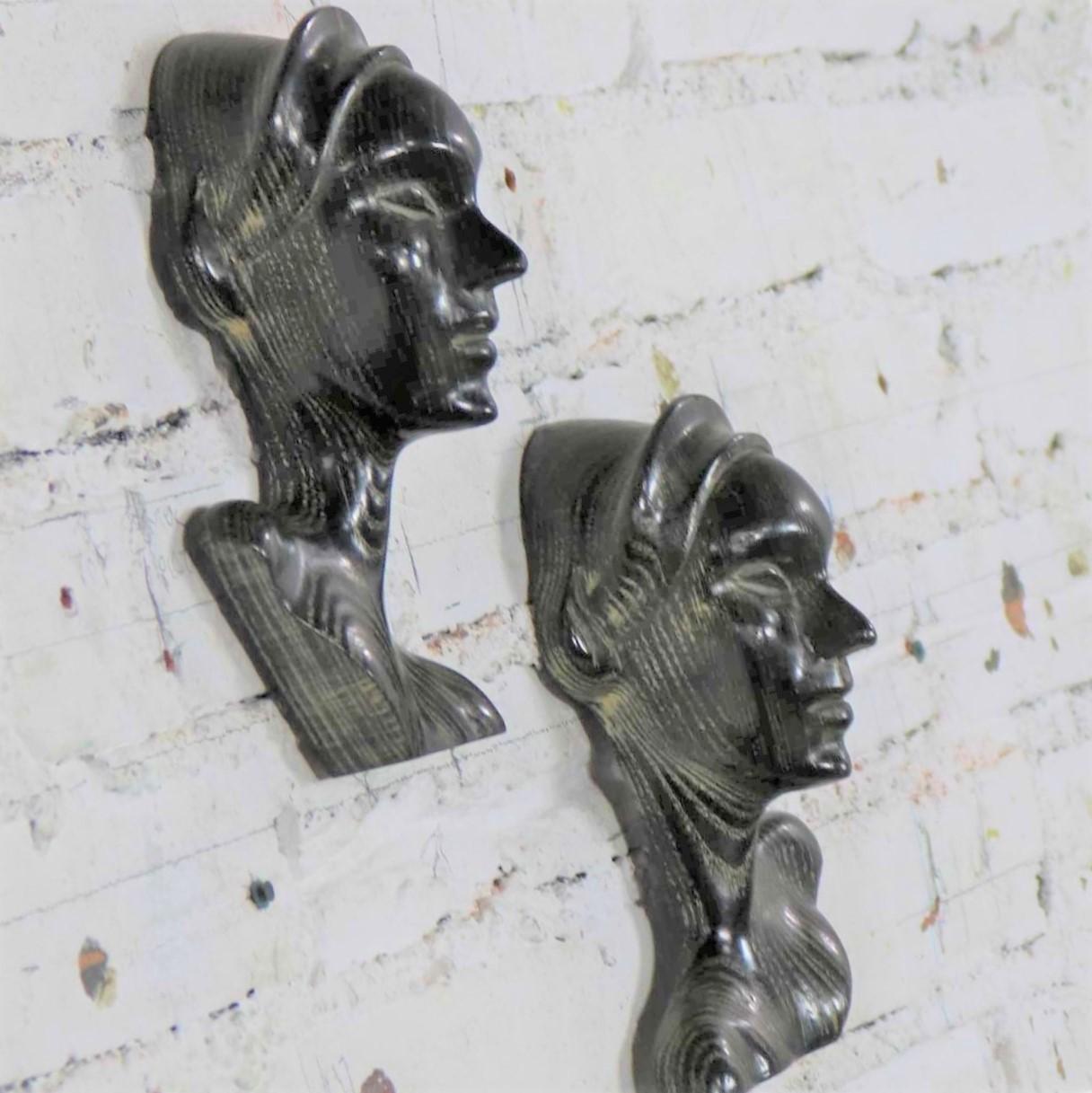 Art Deco Style Ebonized Oak Carved Female Bust Vintage Wall Sculptures, a Pair For Sale 1