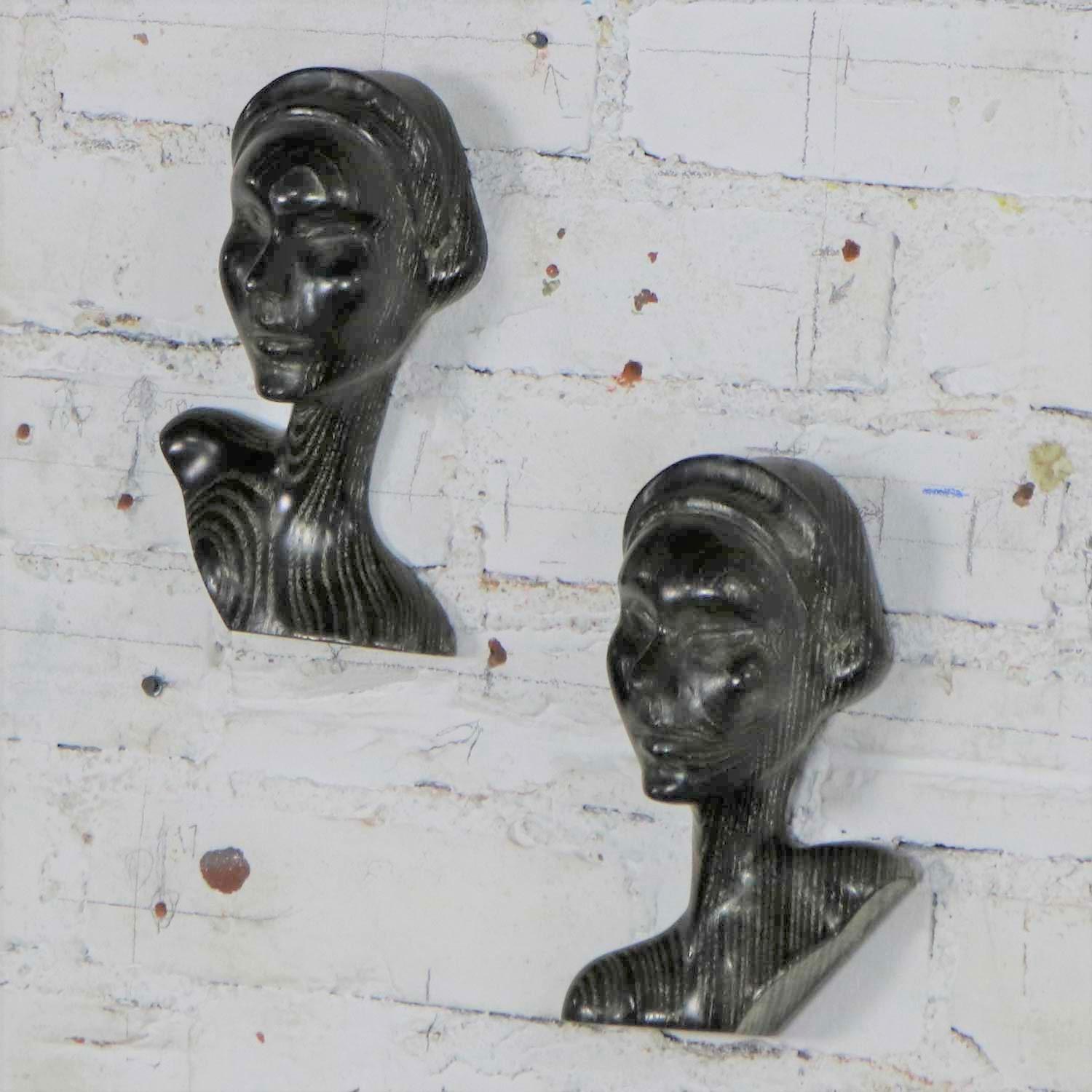 Art Deco Style Ebonized Oak Carved Female Bust Vintage Wall Sculptures, a Pair For Sale 3