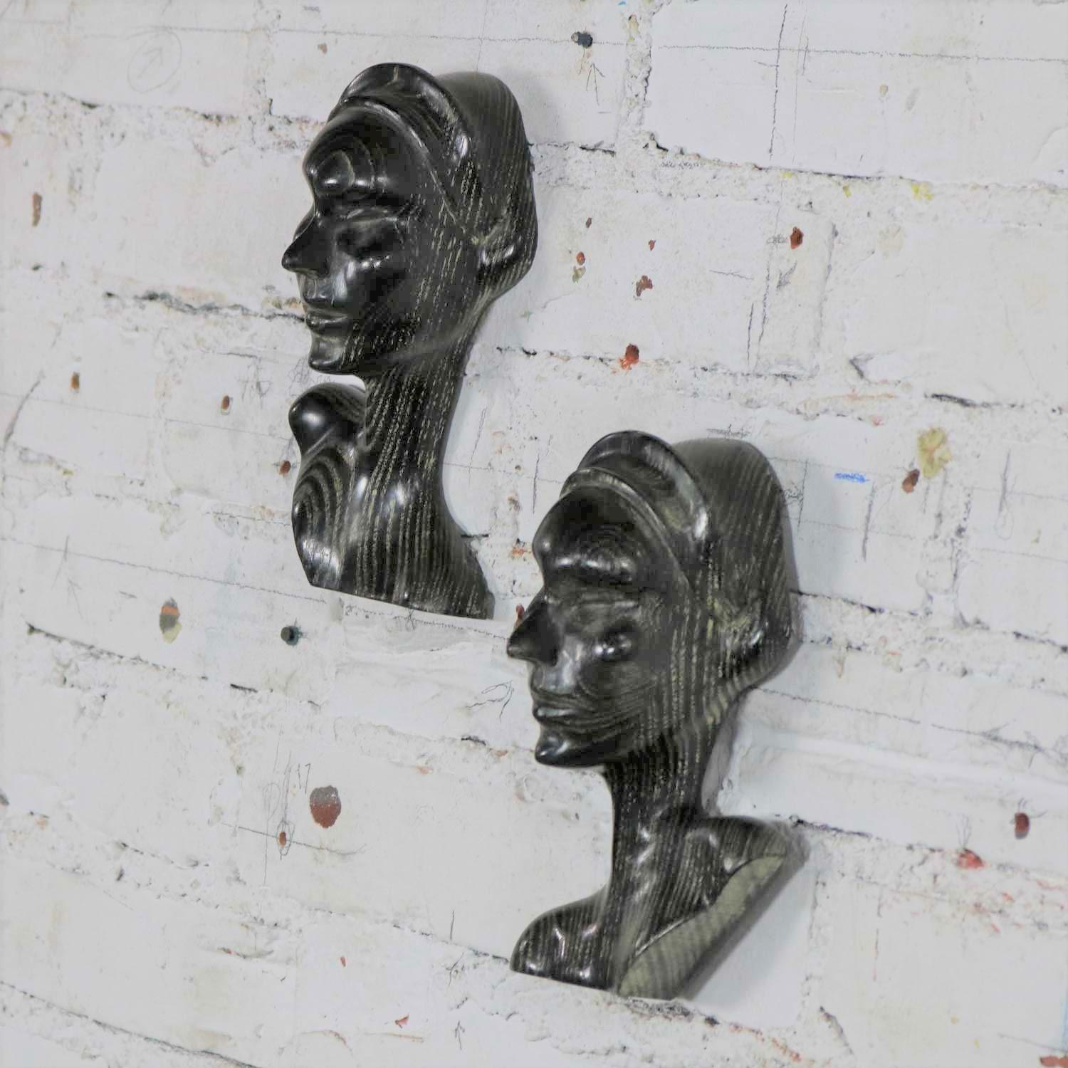 Art Deco Style Ebonized Oak Carved Female Bust Vintage Wall Sculptures, a Pair For Sale 4
