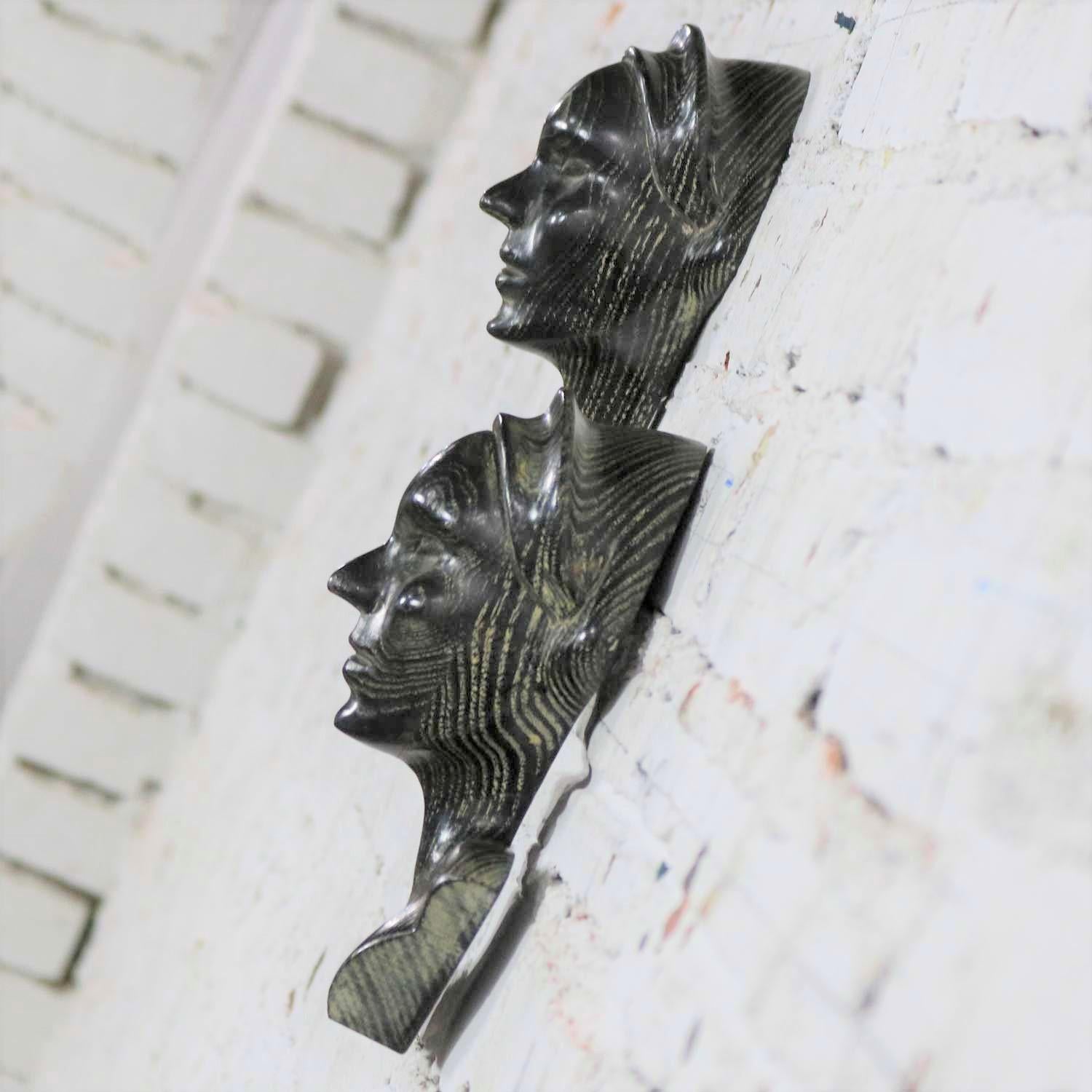 Art Deco Style Ebonized Oak Carved Female Bust Vintage Wall Sculptures, a Pair For Sale 5