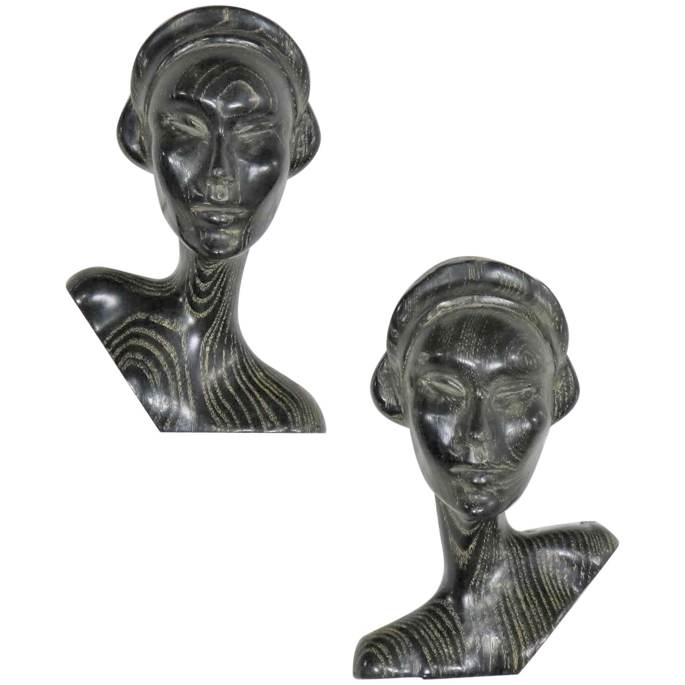 Art Deco Style Ebonized Oak Carved Female Bust Vintage Wall Sculptures, a Pair