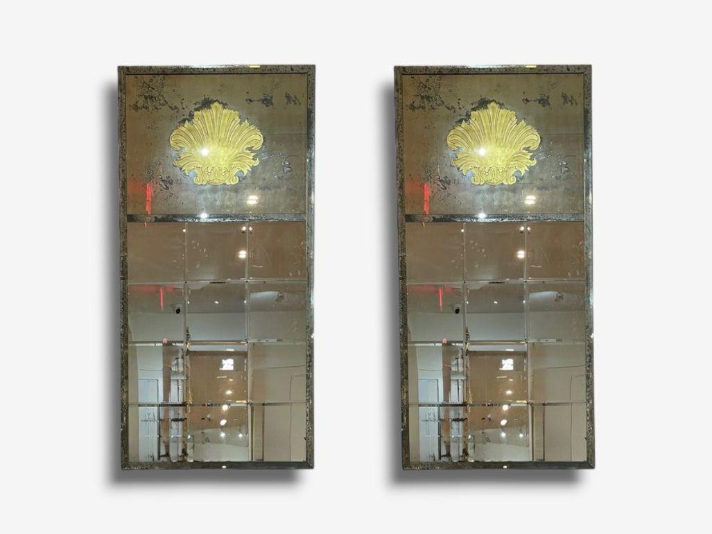 Art Deco Style, Eglomise Glass, Beveled Mirror, Monumental Wall or Standing Mirrors, 1960s

Pair of monumental art deco style 78-Inch wall or floor standing mirrors in eglomise glass and distressed mirror designed and produced in the late 20th