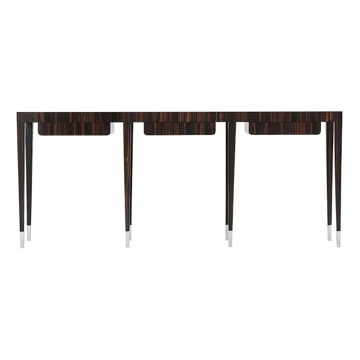 A long Art Deco inspired Amara ebony veneered eight-legged console table with three 