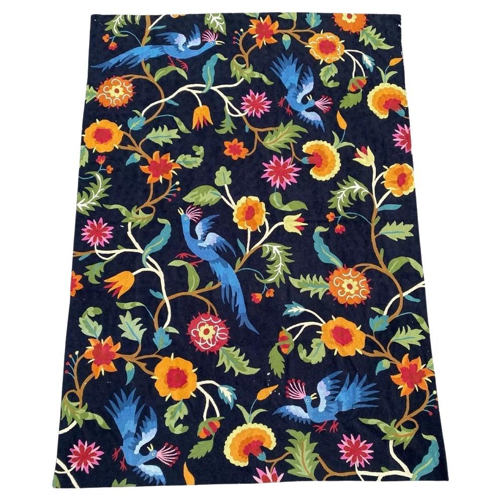 Art Deco Style Embroidered Chainstitch Wool Birds of Paradise Tapestry Rug