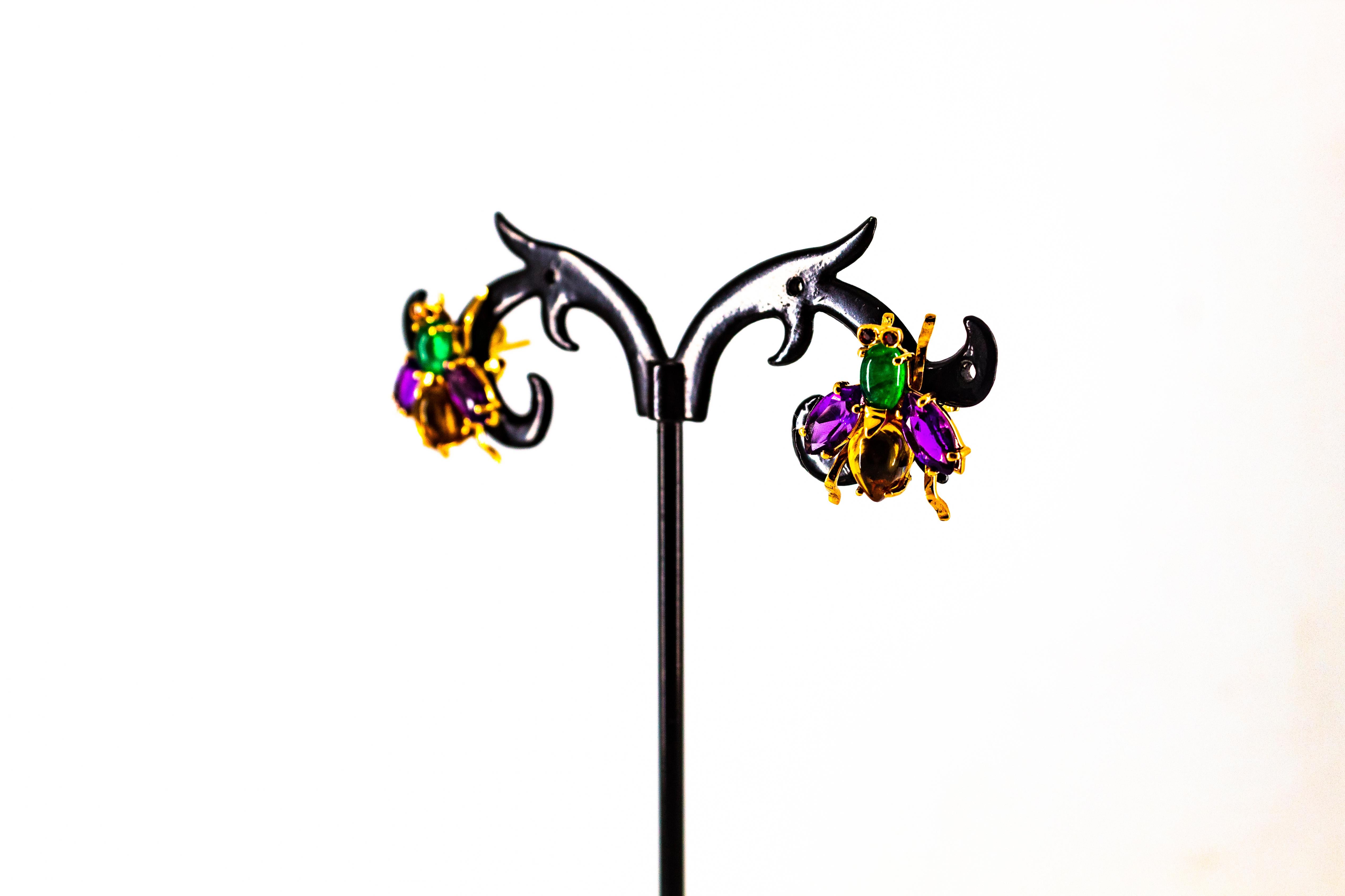 Pendientes Esmeralda Amatista Citrino Rubí Oro Amarillo Moscas Estilo Art Decó en venta 5