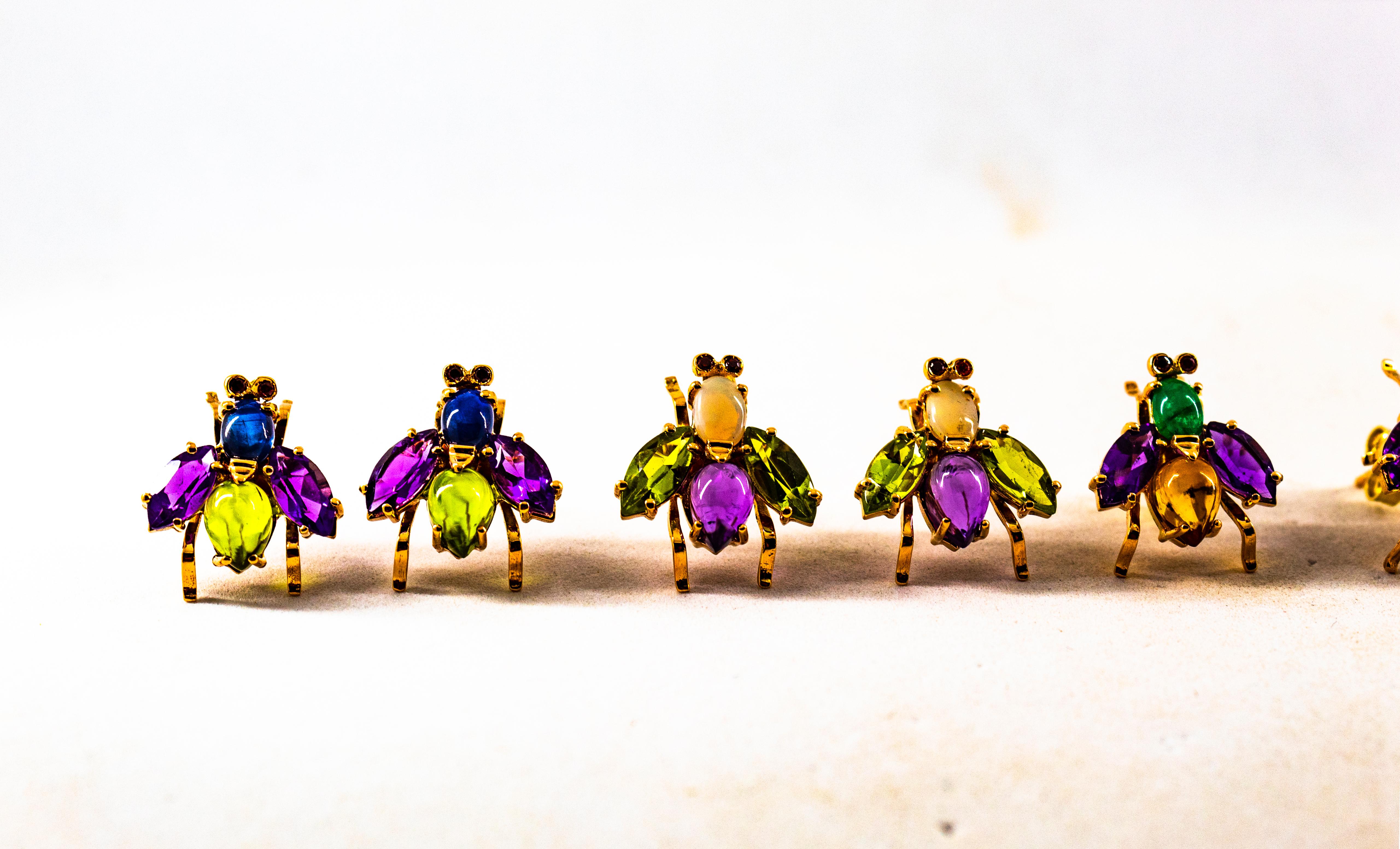 Pendientes Esmeralda Amatista Citrino Rubí Oro Amarillo Moscas Estilo Art Decó en venta 9