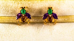 Art Deco Style Emerald Amethyst Citrine Ruby Yellow Gold Stud Flies Earrings