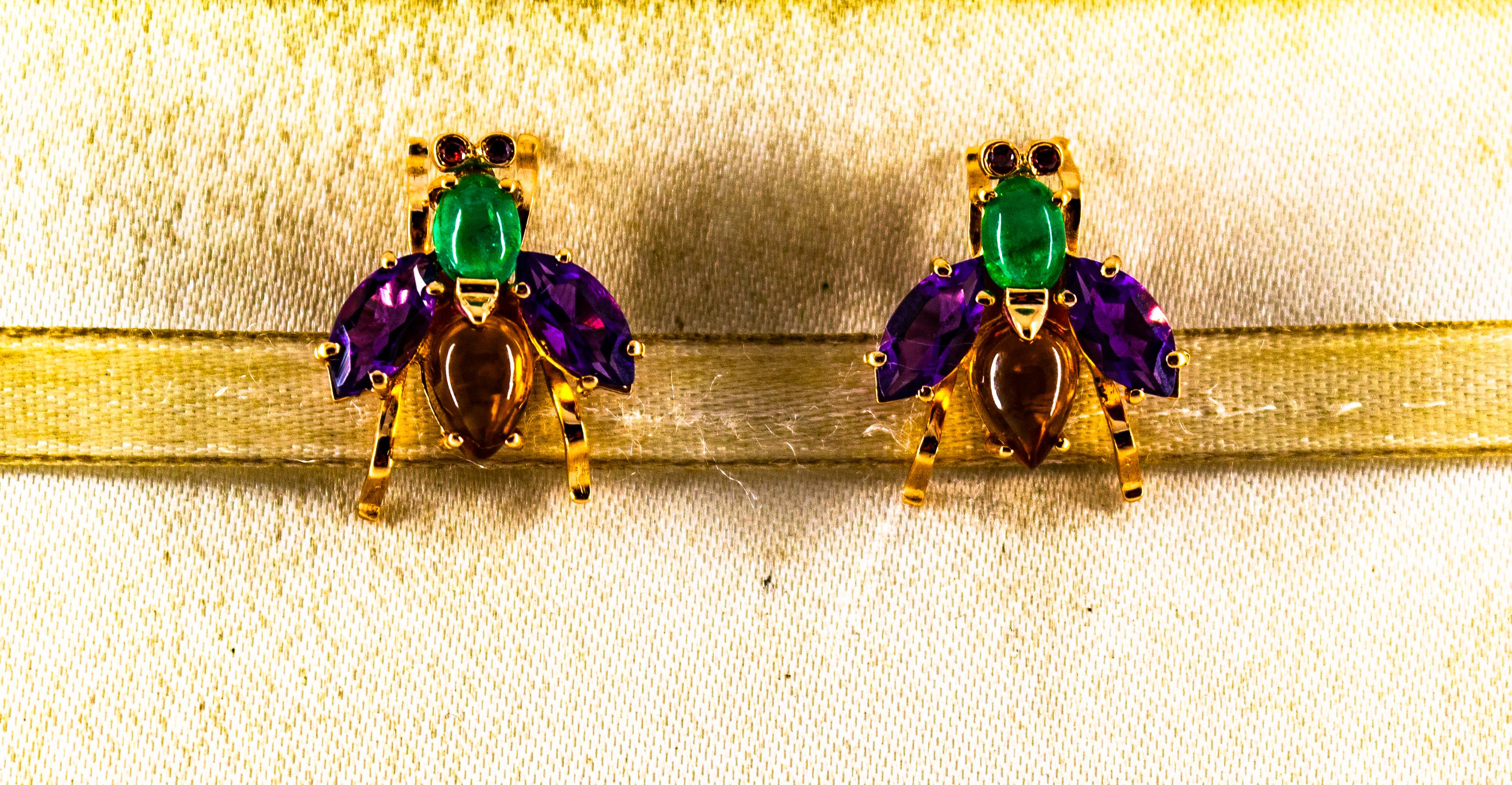 Art Nouveau Art Deco Style Emerald Amethyst Citrine Ruby Yellow Gold Stud Flies Earrings