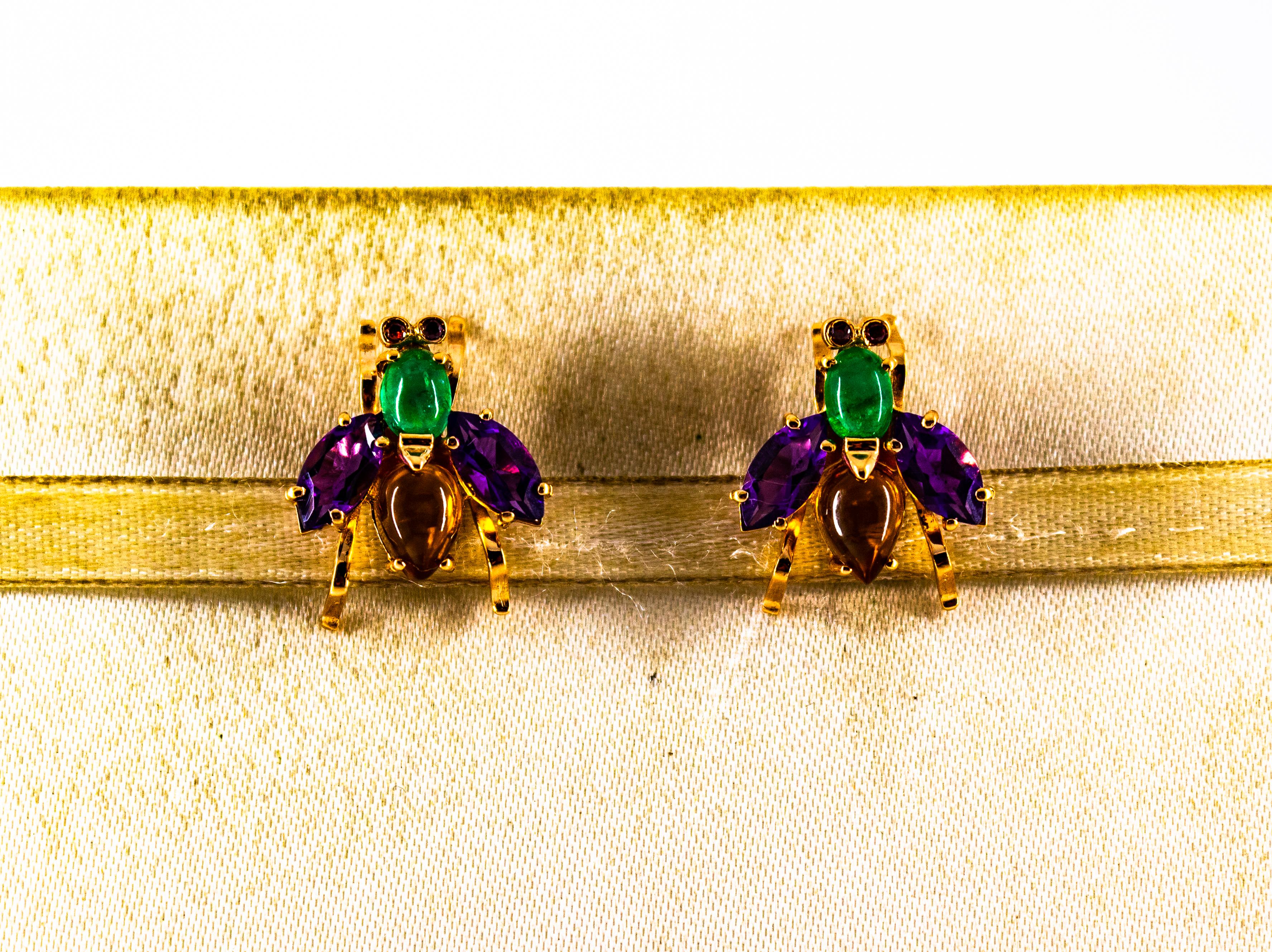Brilliant Cut Art Deco Style Emerald Amethyst Citrine Ruby Yellow Gold Stud Flies Earrings
