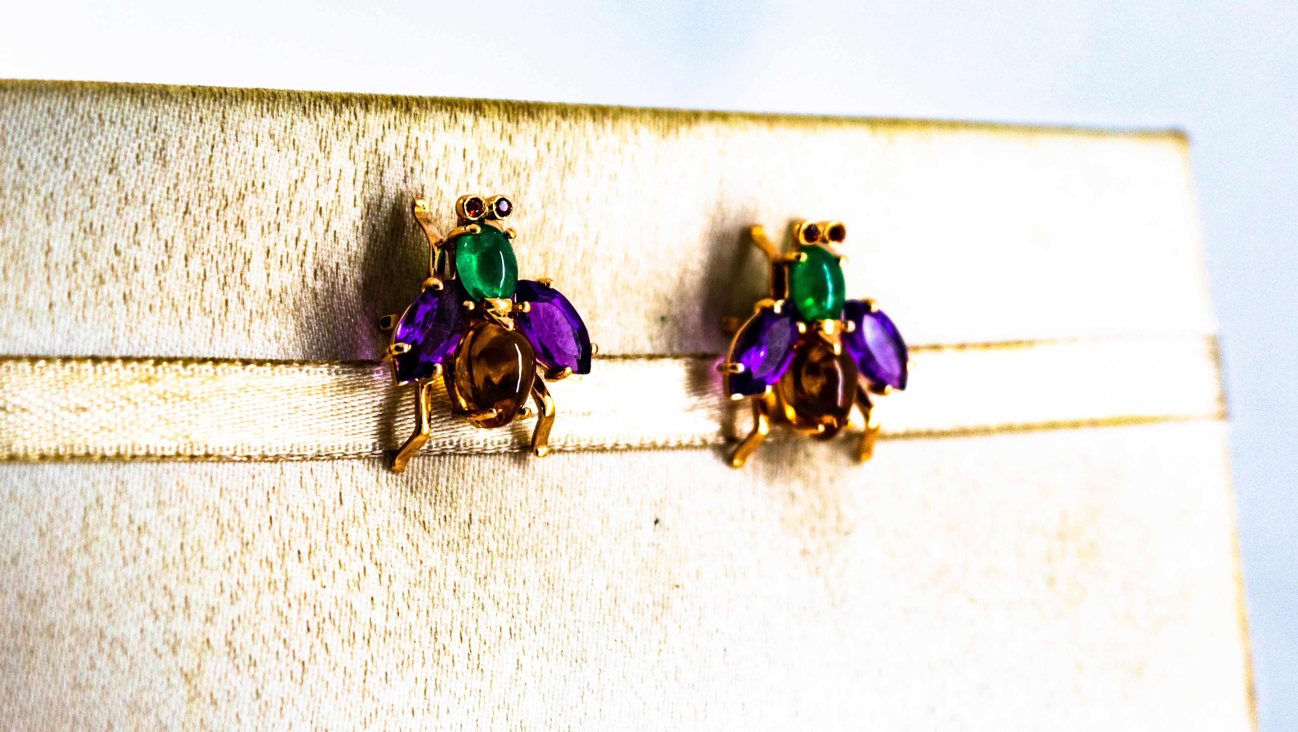 Art Deco Style Emerald Amethyst Citrine Ruby Yellow Gold Stud Flies Earrings In New Condition In Naples, IT