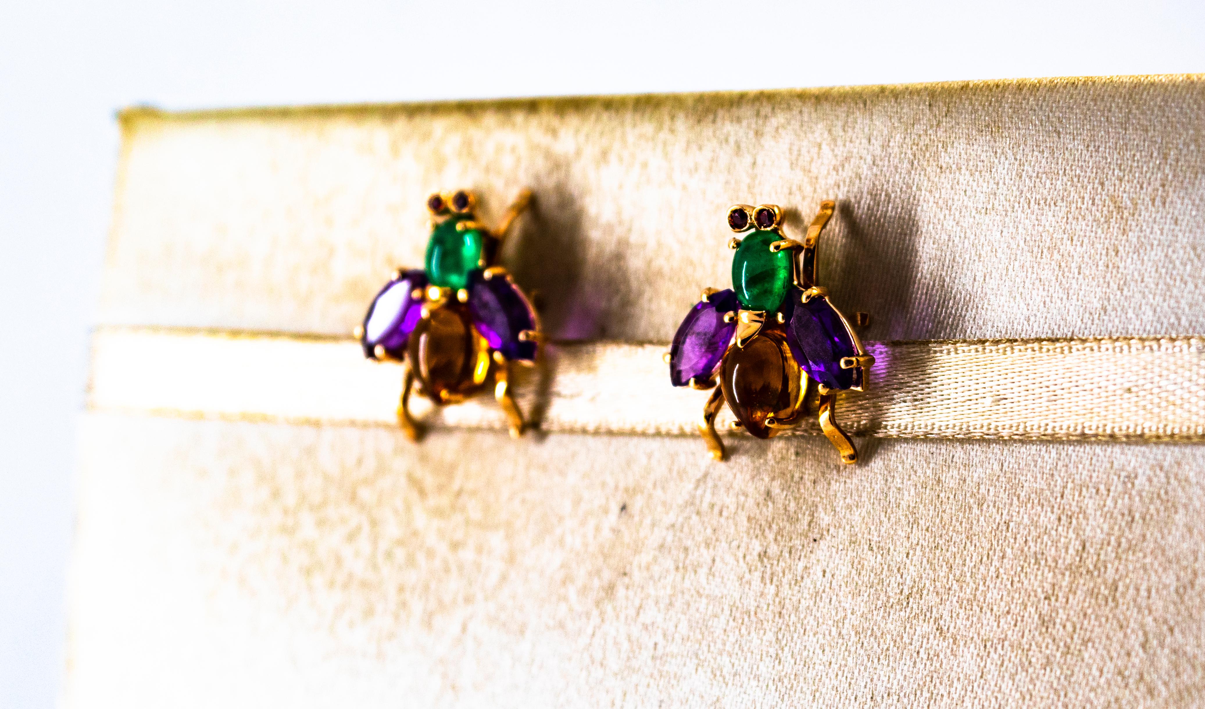 Women's or Men's Art Deco Style Emerald Amethyst Citrine Ruby Yellow Gold Stud Flies Earrings For Sale