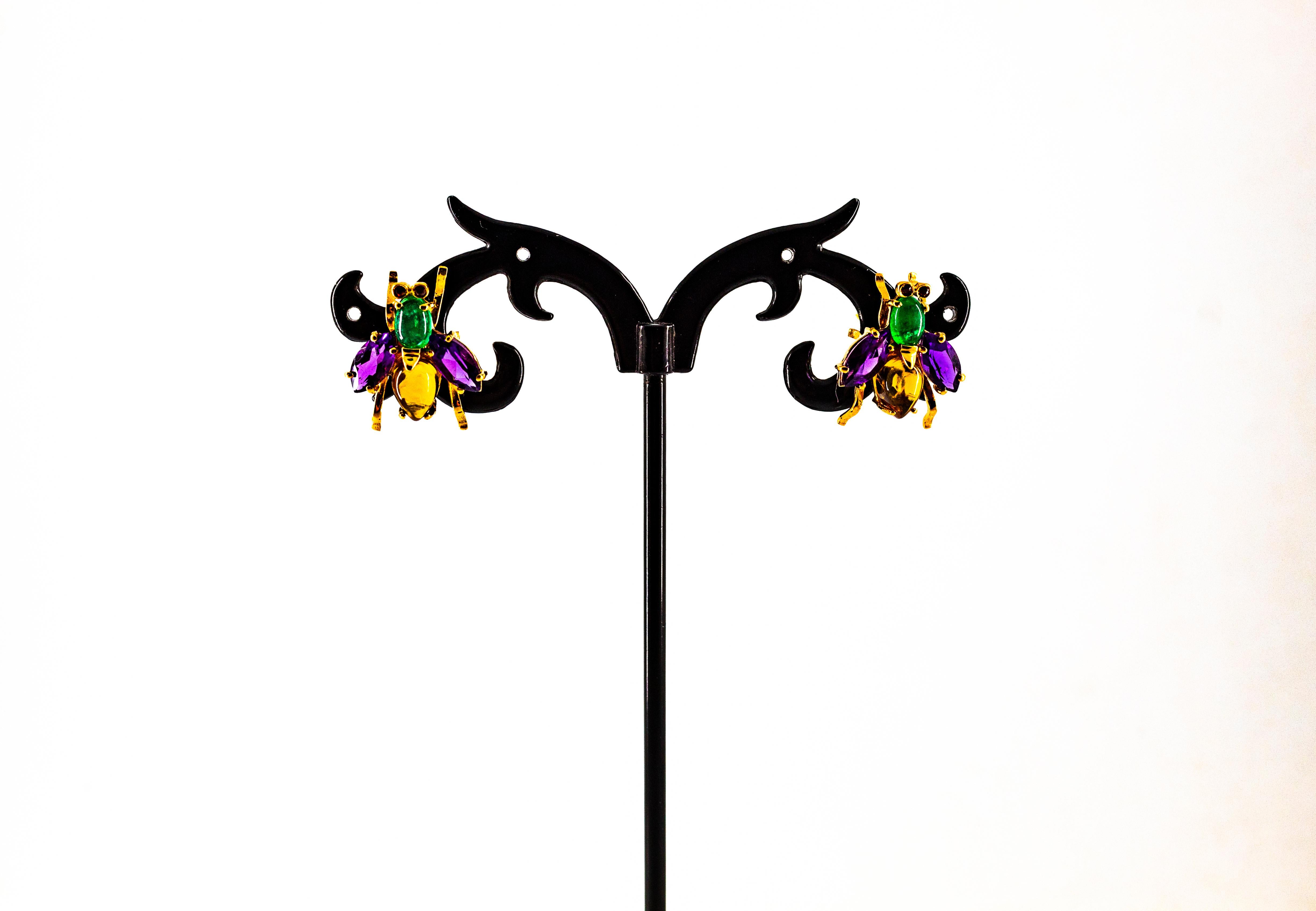 Pendientes Esmeralda Amatista Citrino Rubí Oro Amarillo Moscas Estilo Art Decó en venta 1