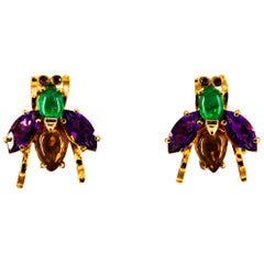 Art Deco Style Emerald Amethyst Citrine Ruby Yellow Gold Stud Flies Earrings