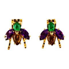 Art Deco Style Emerald Amethyst Citrine Ruby Yellow Gold Stud Flies Earrings