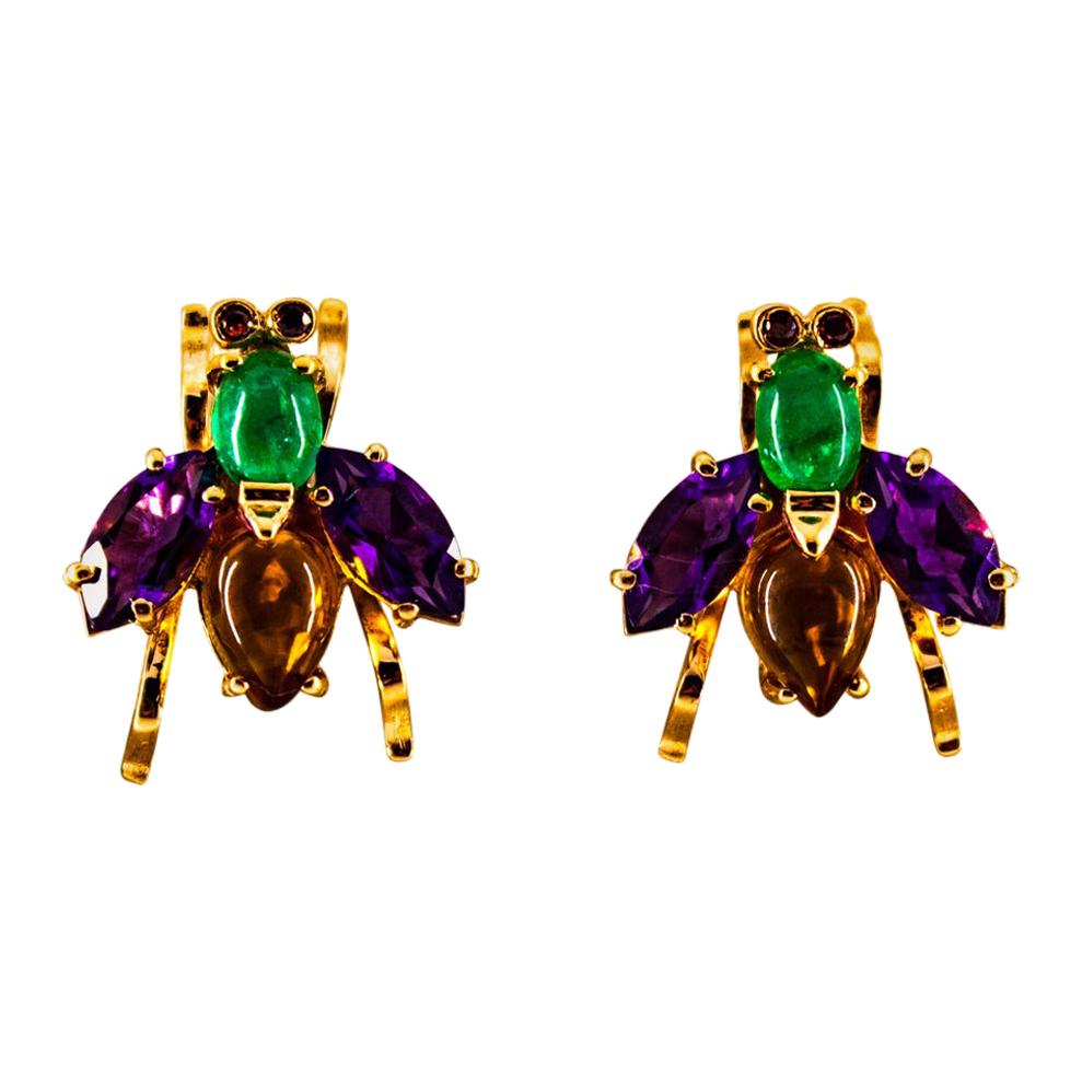 Art Deco Style Emerald Amethyst Citrine Ruby Yellow Gold Stud Flies Earrings