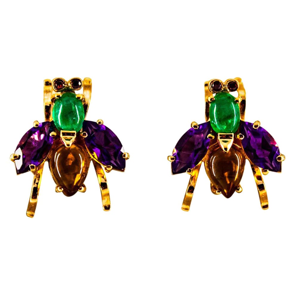 Art Deco Style Emerald Amethyst Citrine Ruby Yellow Gold Stud Flies Earrings For Sale