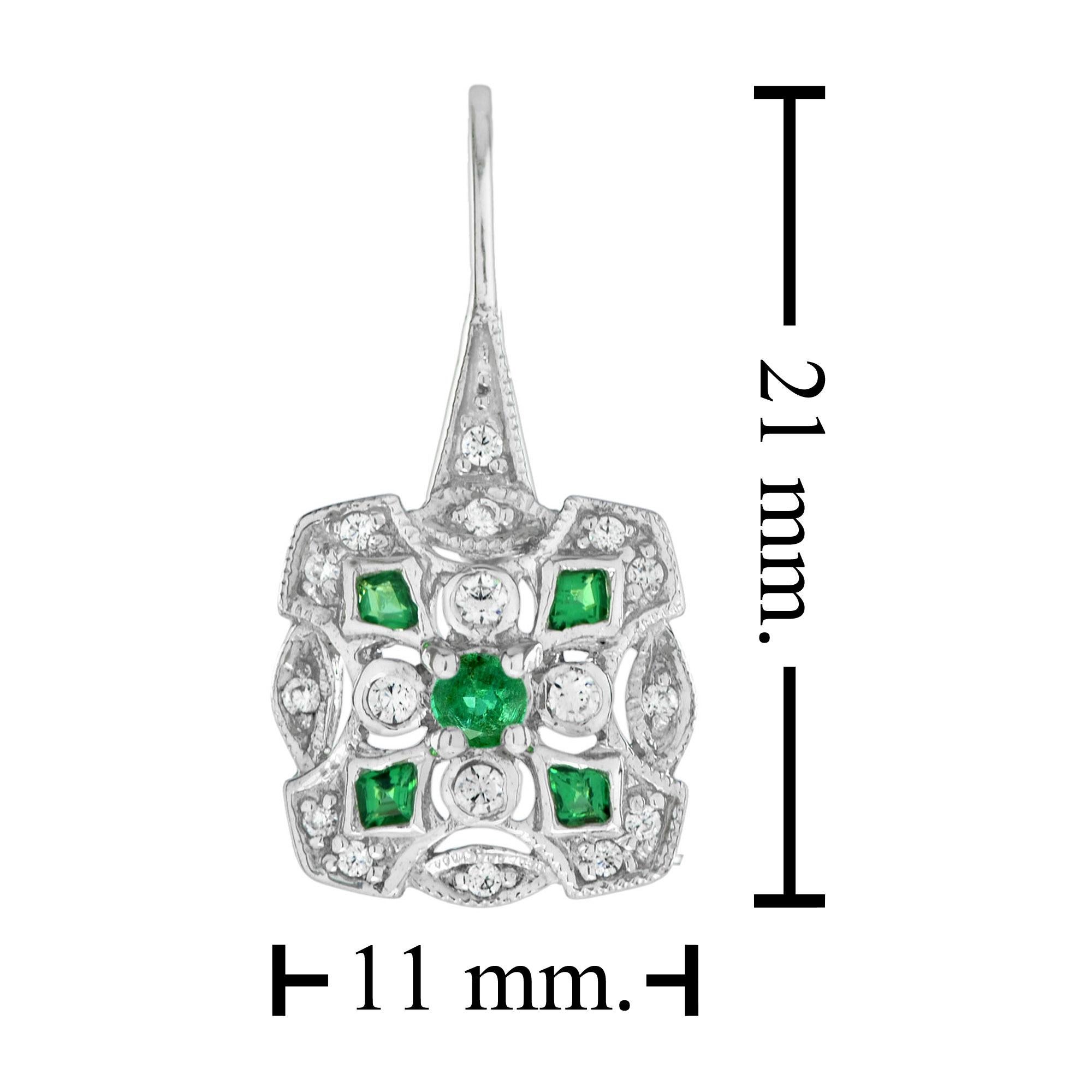 Women's Art Deco Style Emerald and Diamond Cluster Earrings in 14K White Gold  For Sale