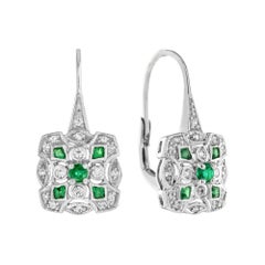 Art Deco Style Emerald and Diamond Cluster Earrings in 14K White Gold 